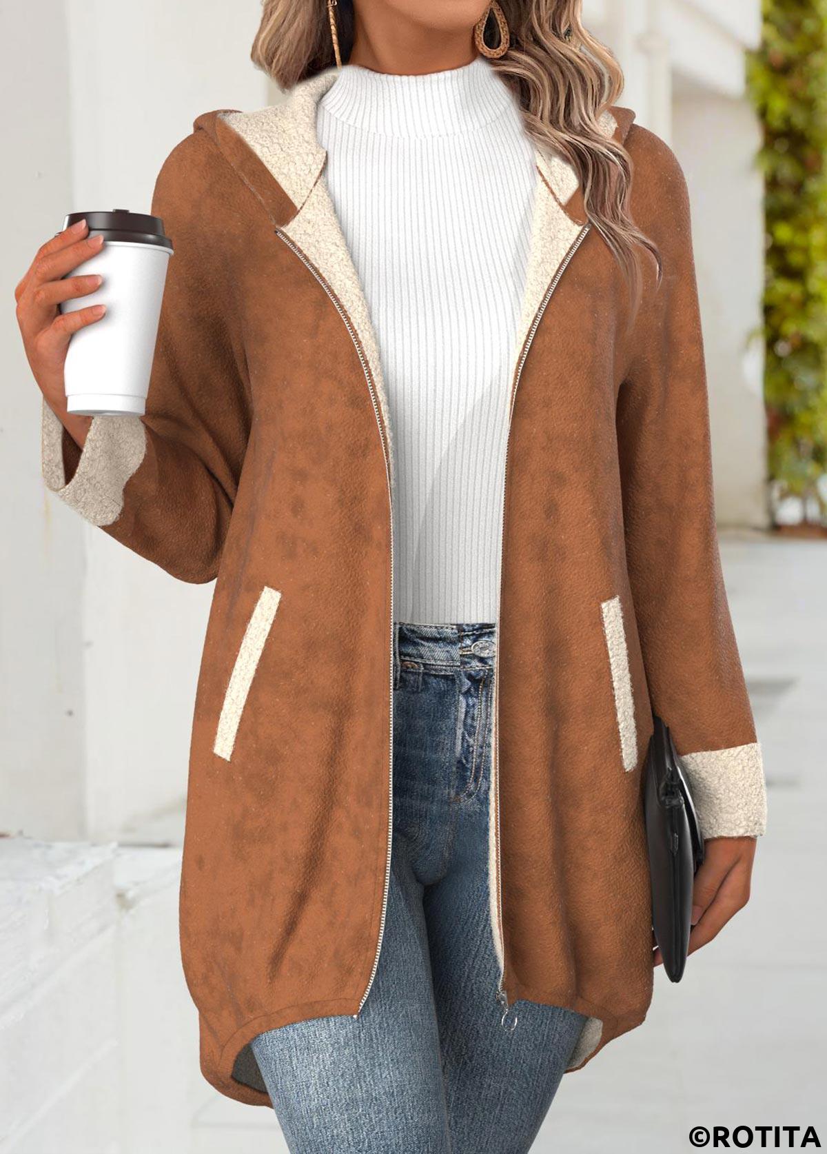 Dark Coffee tops,Plain Color tops,ROTITA Tummy Coverage Dark Coffee Hooded Long Sleeve Coat