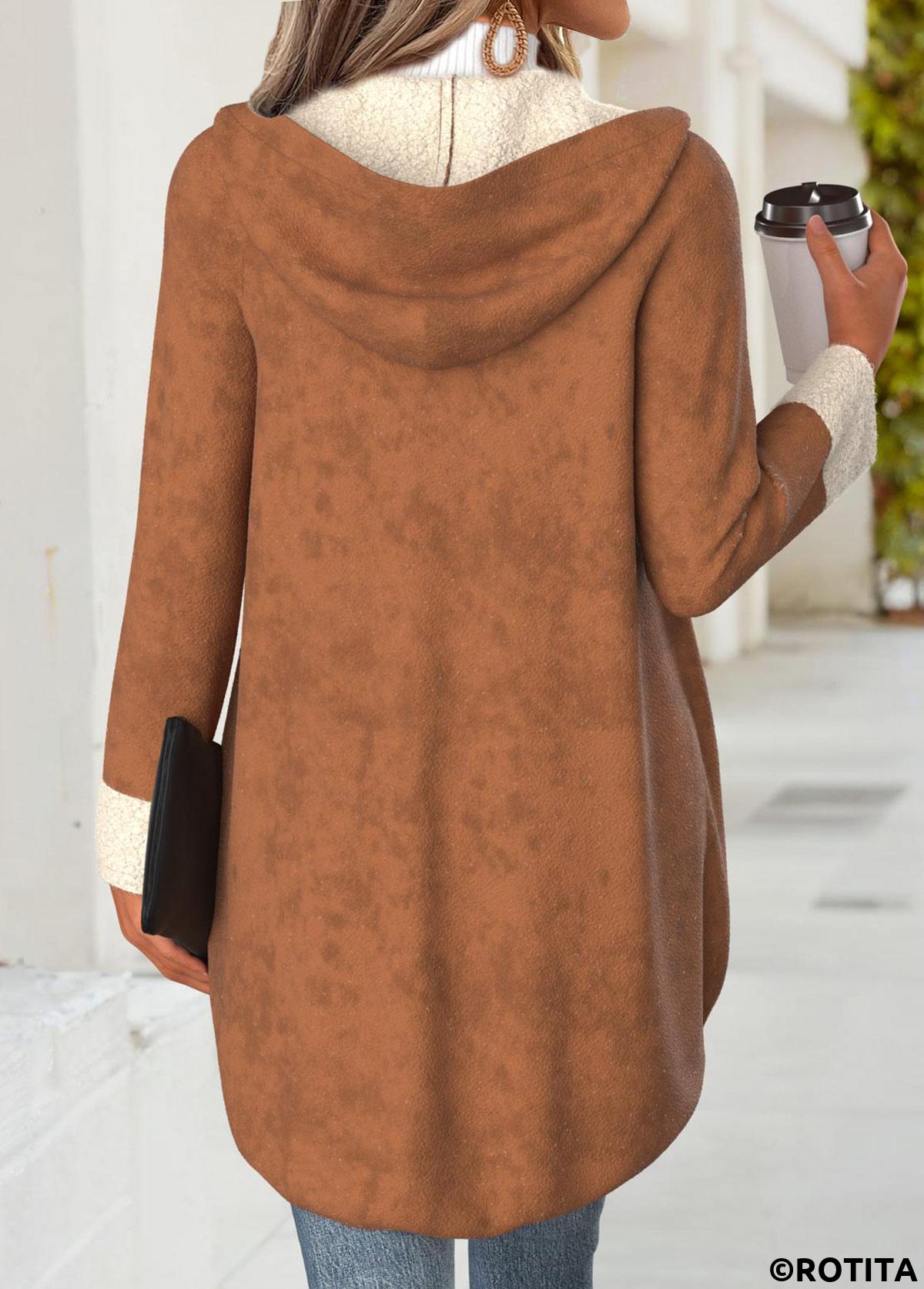 Dark Coffee tops,Plain Color tops,ROTITA Tummy Coverage Dark Coffee Hooded Long Sleeve Coat
