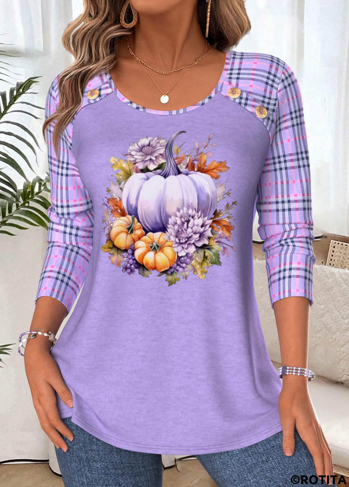 Light Purple tops,Halloween tops,ROTITA Halloween Tummy Coverage Pumpkin Print Light Purple T Shirt