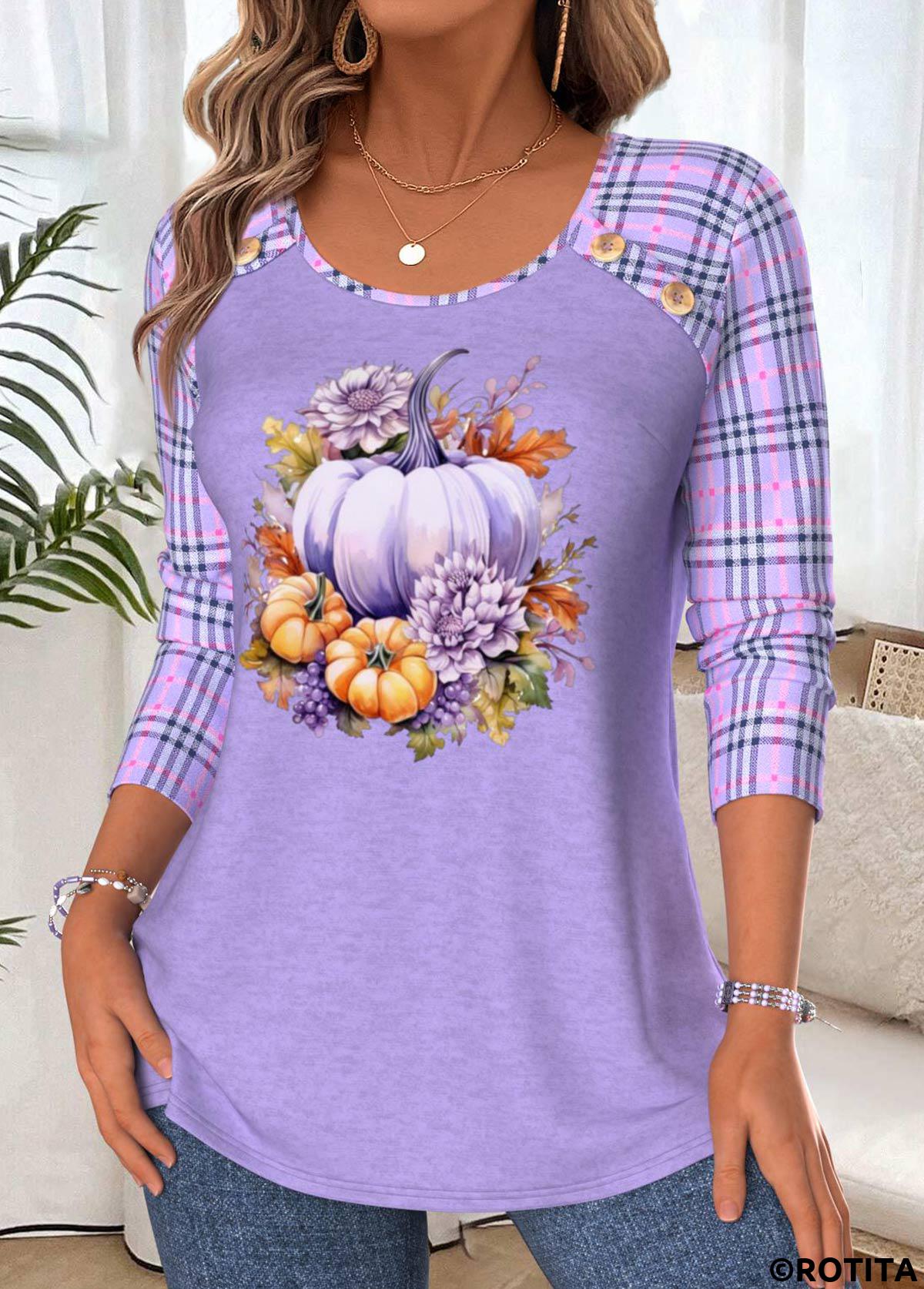 Light Purple tops,Halloween tops,ROTITA Halloween Tummy Coverage Pumpkin Print Light Purple T Shirt