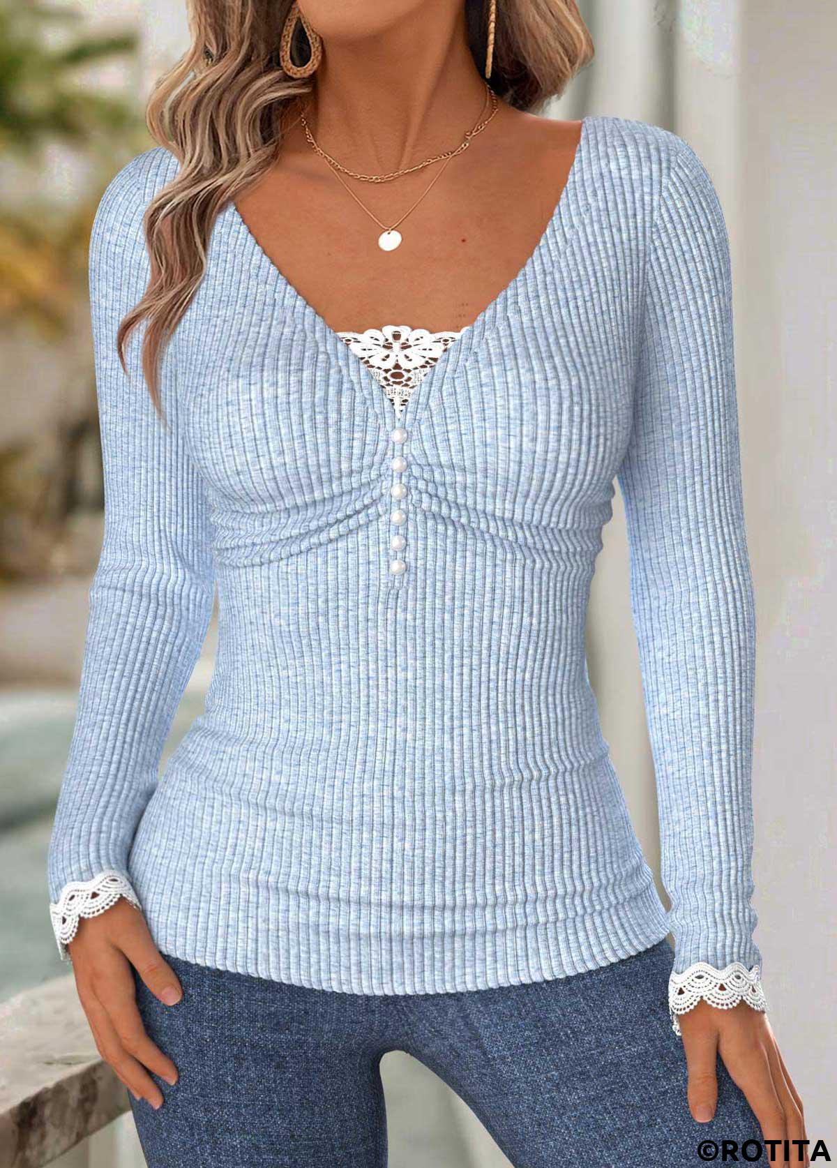 Light Blue tops,Contrast Color tops,ROTITA Tummy Coverage Light Blue V Neck T Shirt