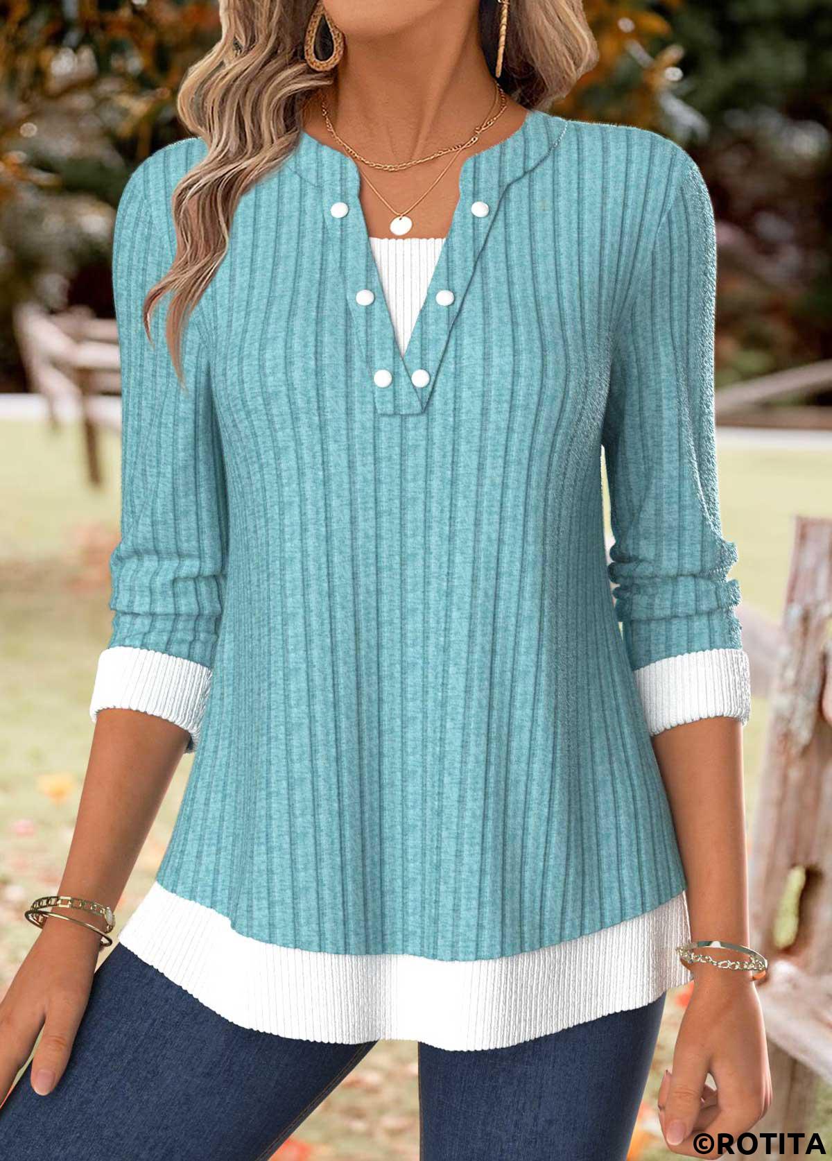 Turquoise tops,Contrast Color tops,ROTITA Tummy Coverage Turquoise Split Neck Long Sleeve T Shirt