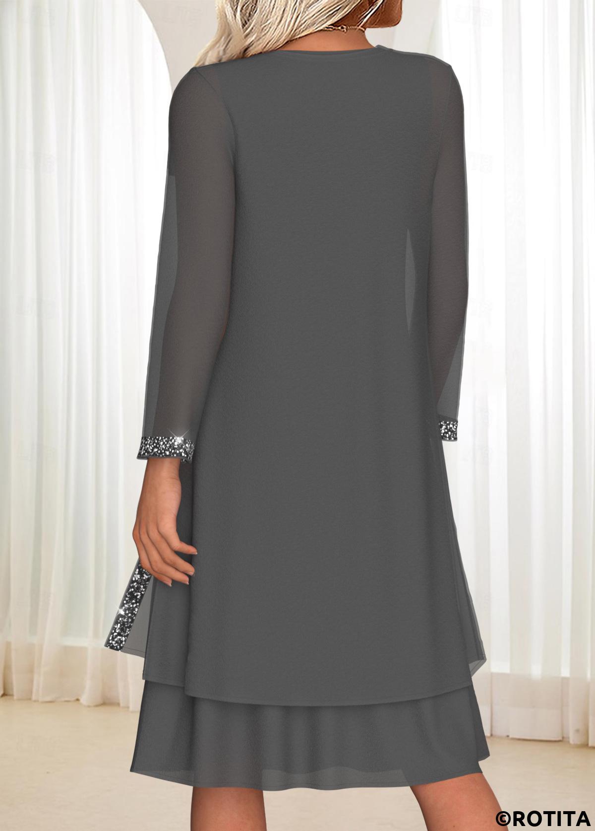 Dark Grey dresses,Plain Color dresses,Everyday dresses,Elegant dresses,ROTITA Tummy Coverage Dark Grey Round Neck Dress and Cardigan