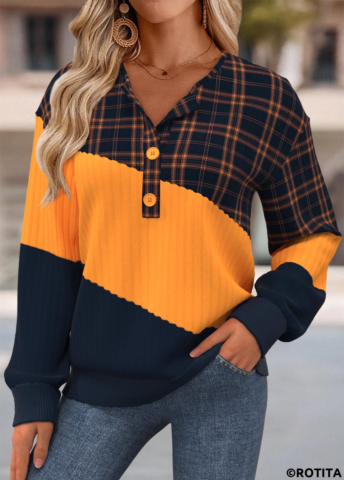 Multi Color tops,Plaid tops,Geometric tops,ROTITA Tummy Coverage Plaid Multi Color Split Neck Sweatshirt
