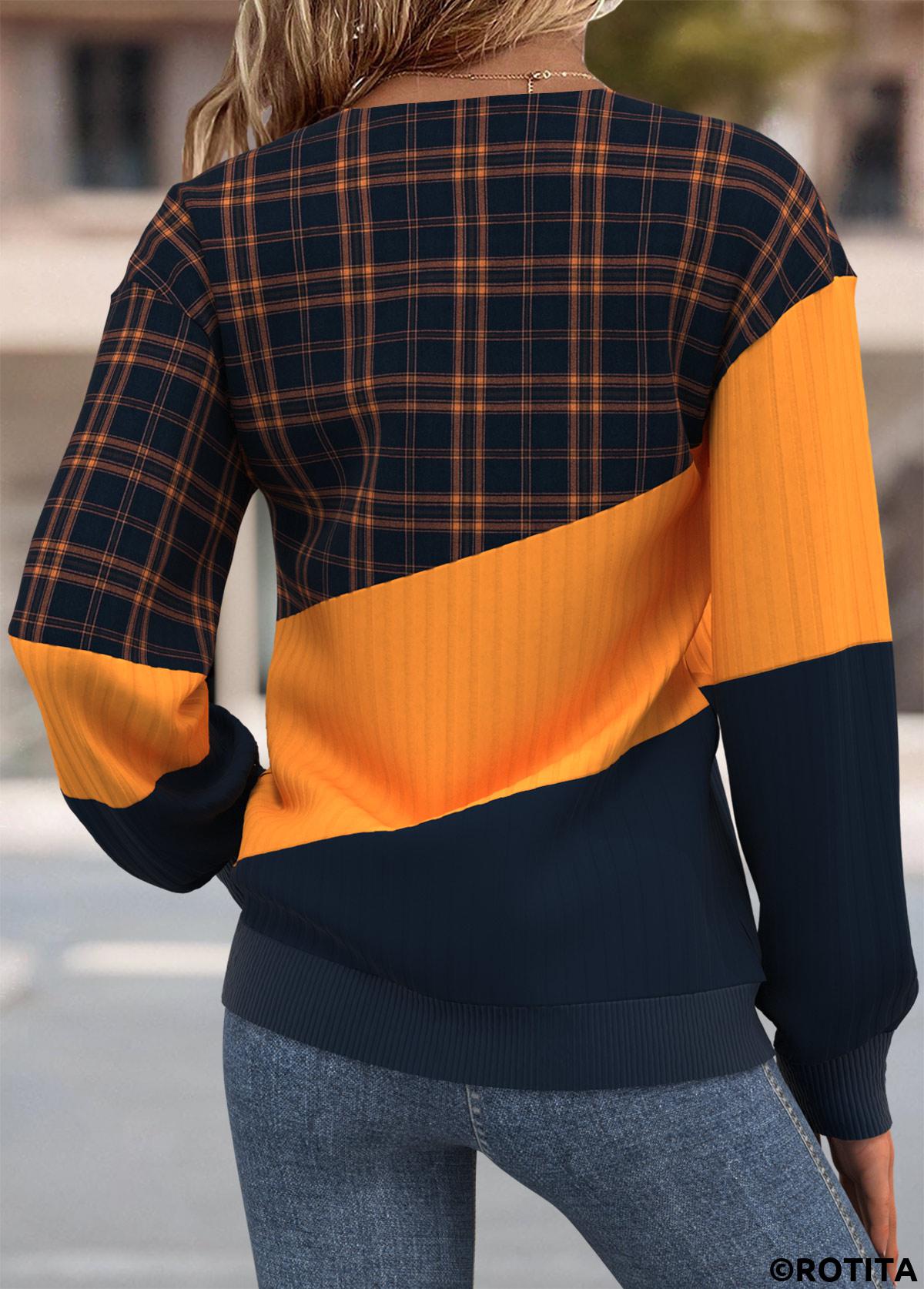 Multi Color tops,Plaid tops,Geometric tops,ROTITA Tummy Coverage Plaid Multi Color Split Neck Sweatshirt