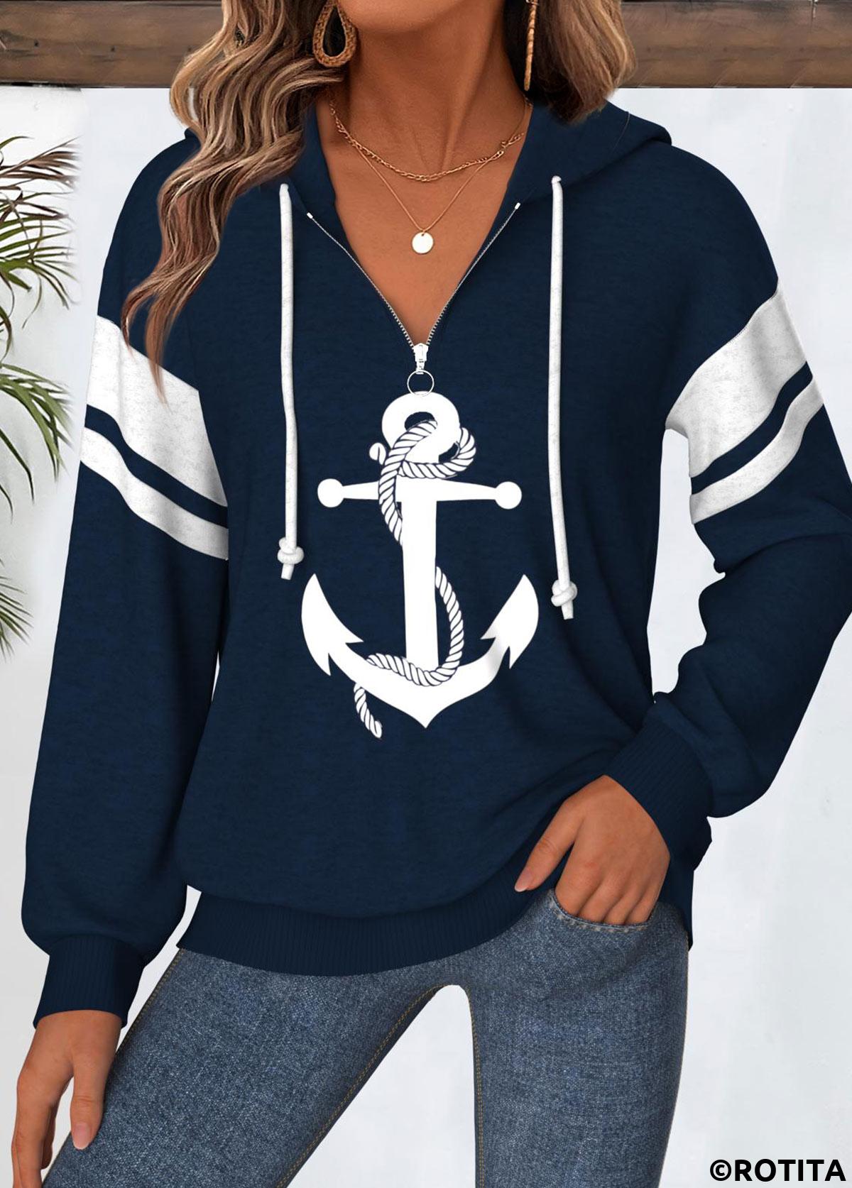 Navy tops,Geometric tops,ROTITA Tummy Coverage Geometric Print Navy Long Sleeve Hoodie