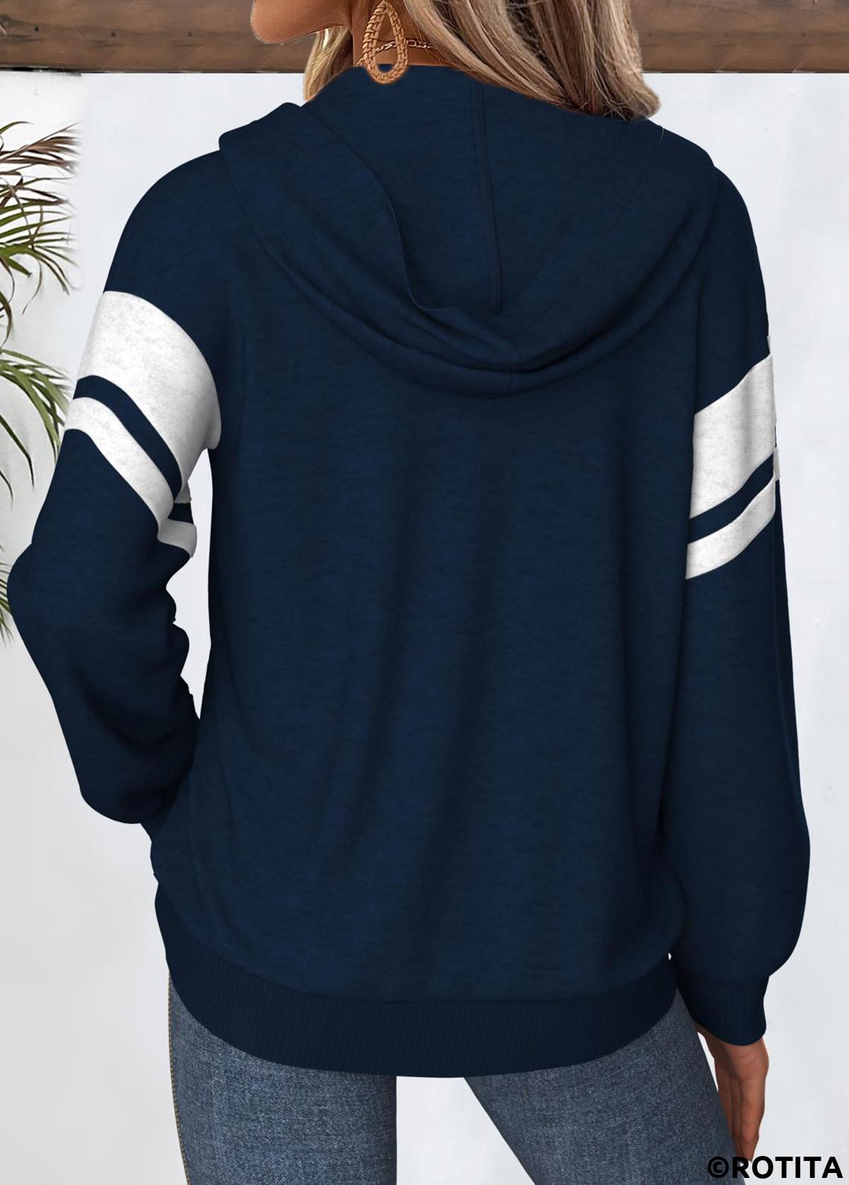 Navy tops,Geometric tops,ROTITA Tummy Coverage Geometric Print Navy Long Sleeve Hoodie