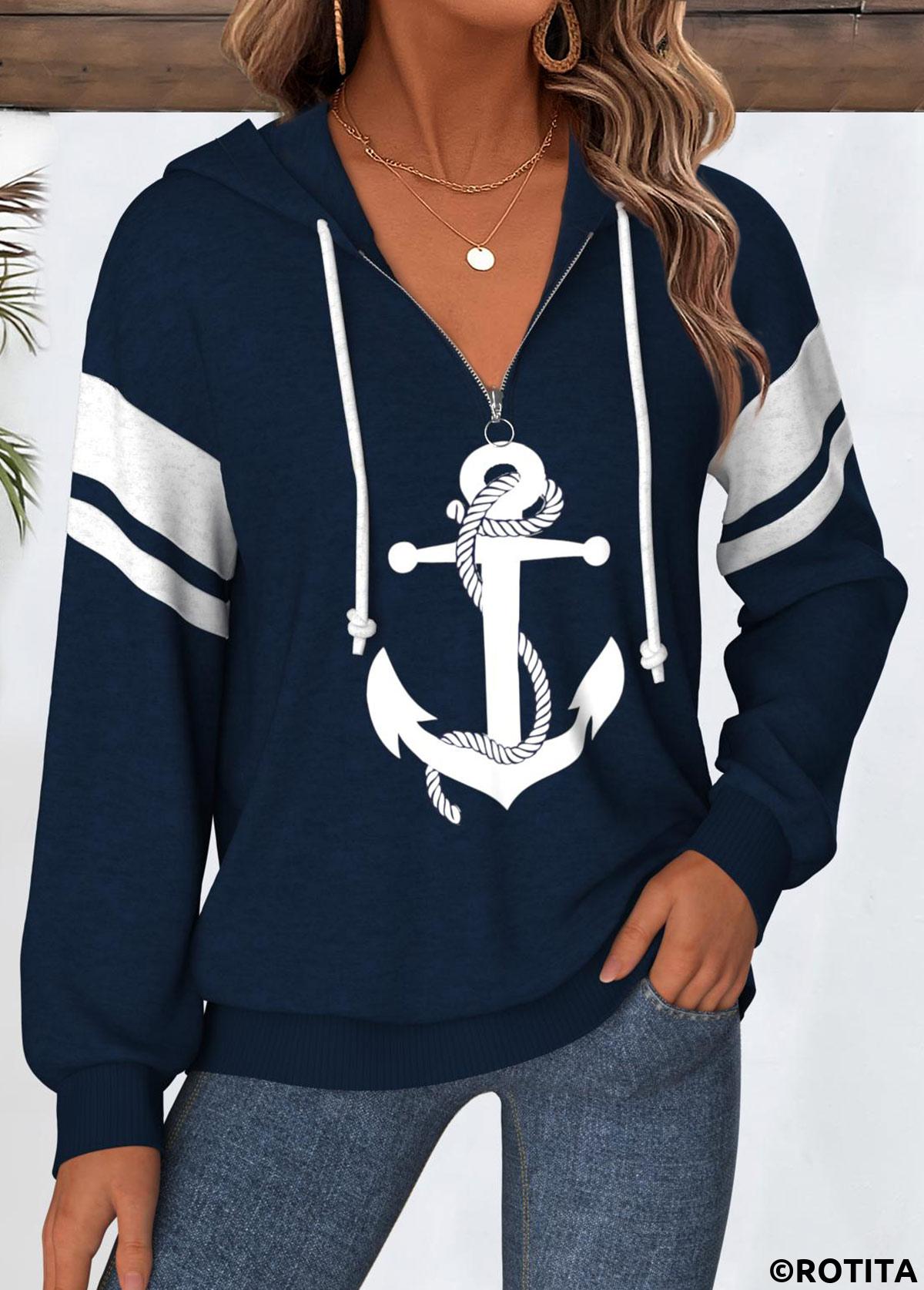 Navy tops,Geometric tops,ROTITA Tummy Coverage Geometric Print Navy Long Sleeve Hoodie