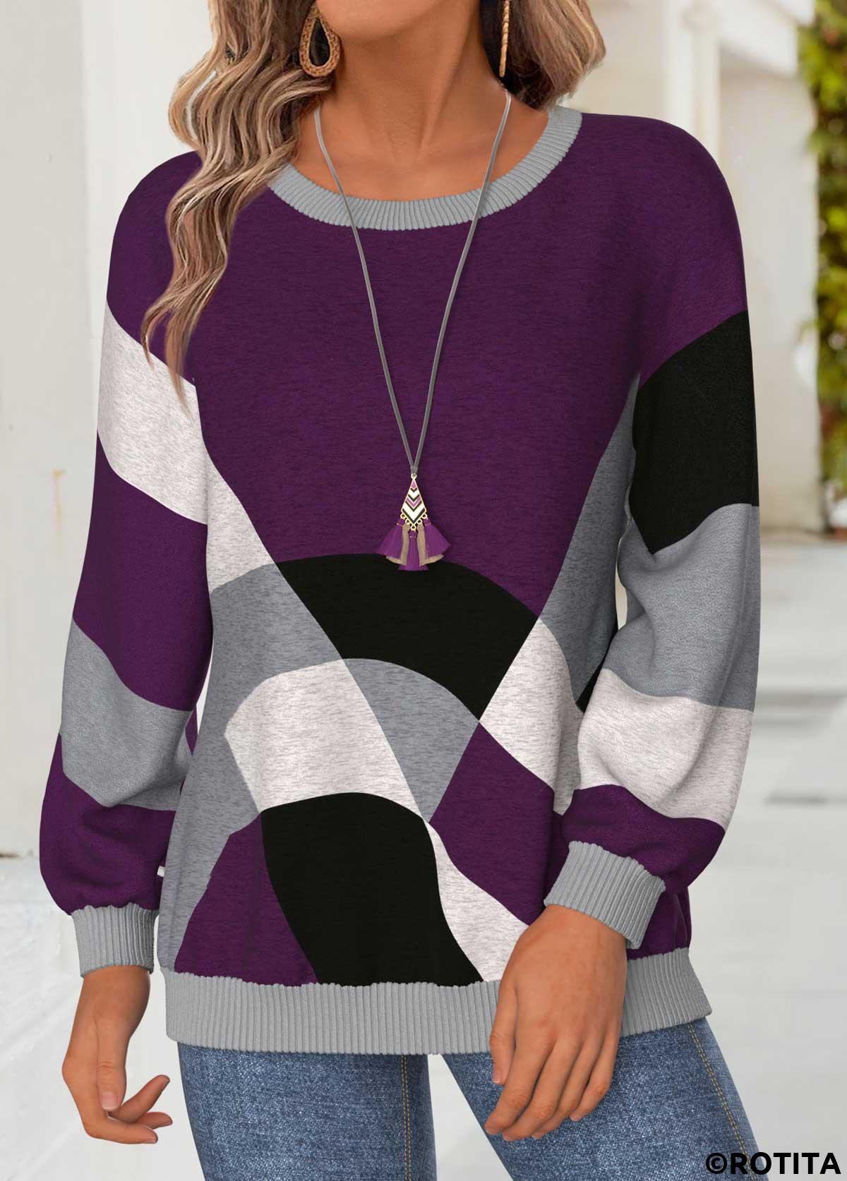 Purple tops,Geometric tops,ROTITA Tummy Coverage Geometric Print Purple Round Neck Sweatshirt