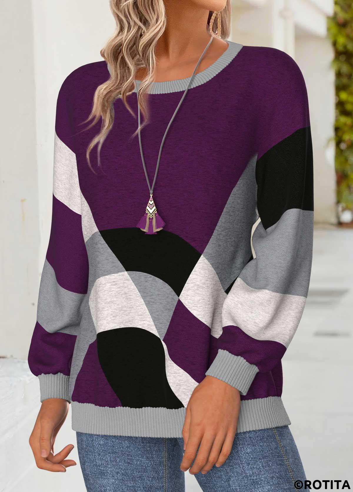 Purple tops,Geometric tops,ROTITA Tummy Coverage Geometric Print Purple Round Neck Sweatshirt