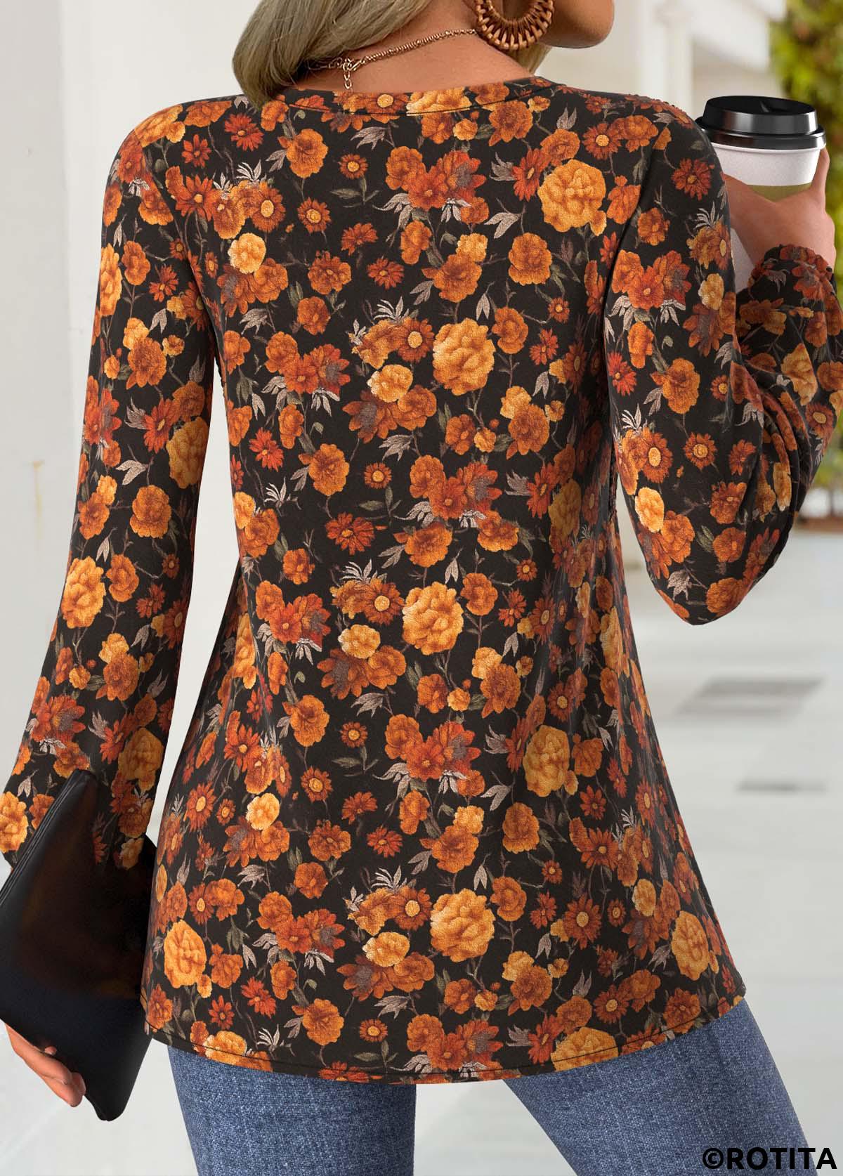 Terracotta tops,Floral tops,Plants tops,ROTITA Peplum Floral Print Terracotta Split Neck Long Sleeve Blouse