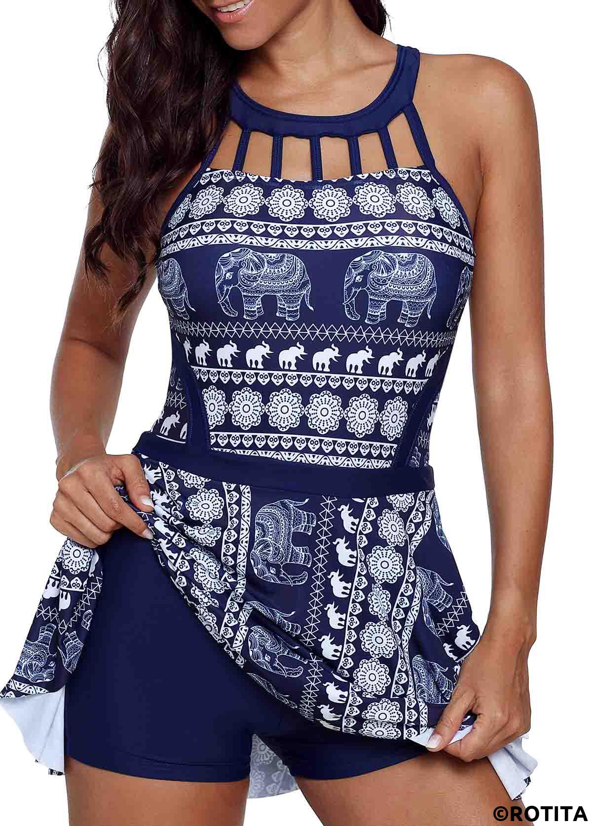 Navy swimwear,Animal Print swimwear,ROTITA Cutout Neckline Animal Print Swimdress and Shorts