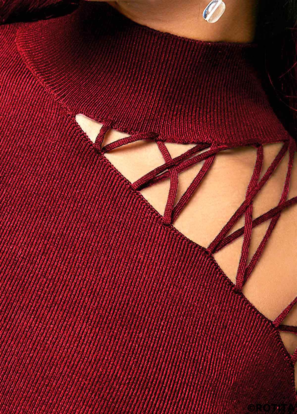 Wine Red tops,Plain Color tops,Mock Neck Strappy Shoulder Wine Red Sweater