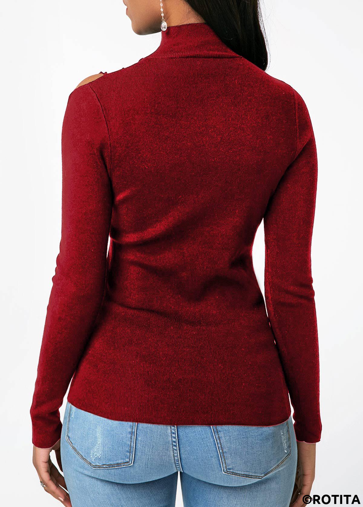 Wine Red tops,Plain Color tops,Mock Neck Strappy Shoulder Wine Red Sweater