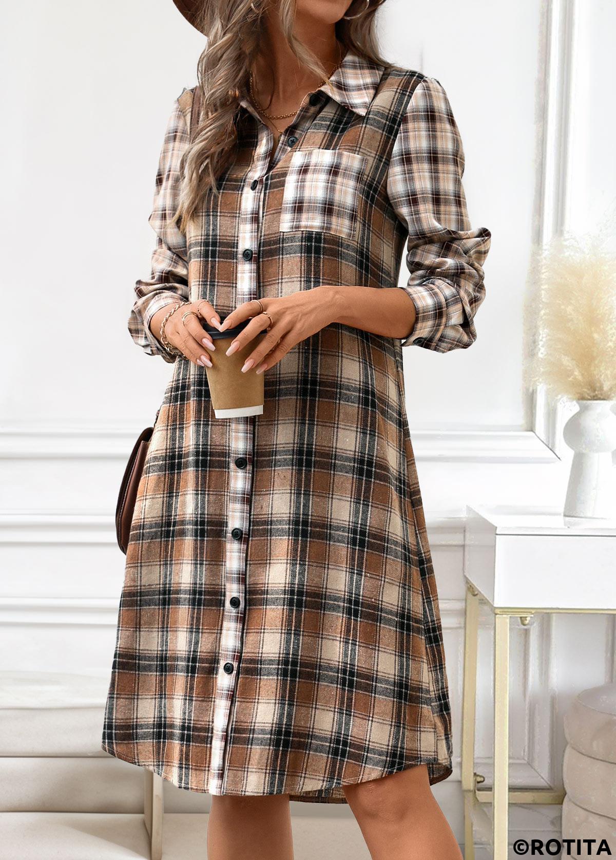 Dark Coffee dresses,Plaid dresses,Striped dresses,Geometric dresses,Everyday dresses,Casual dresses,ROTITA Button Plaid Dark Coffee A Line Shirt Collar Dress
