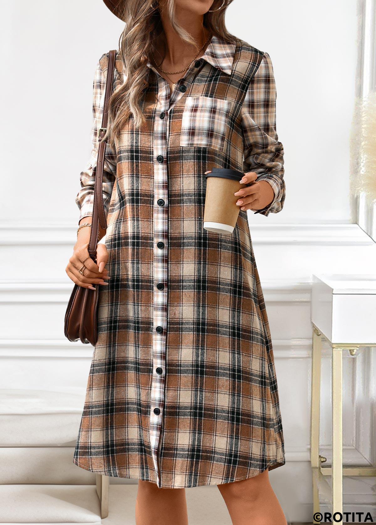 Dark Coffee dresses,Plaid dresses,Striped dresses,Geometric dresses,Everyday dresses,Casual dresses,ROTITA Button Plaid Dark Coffee A Line Shirt Collar Dress
