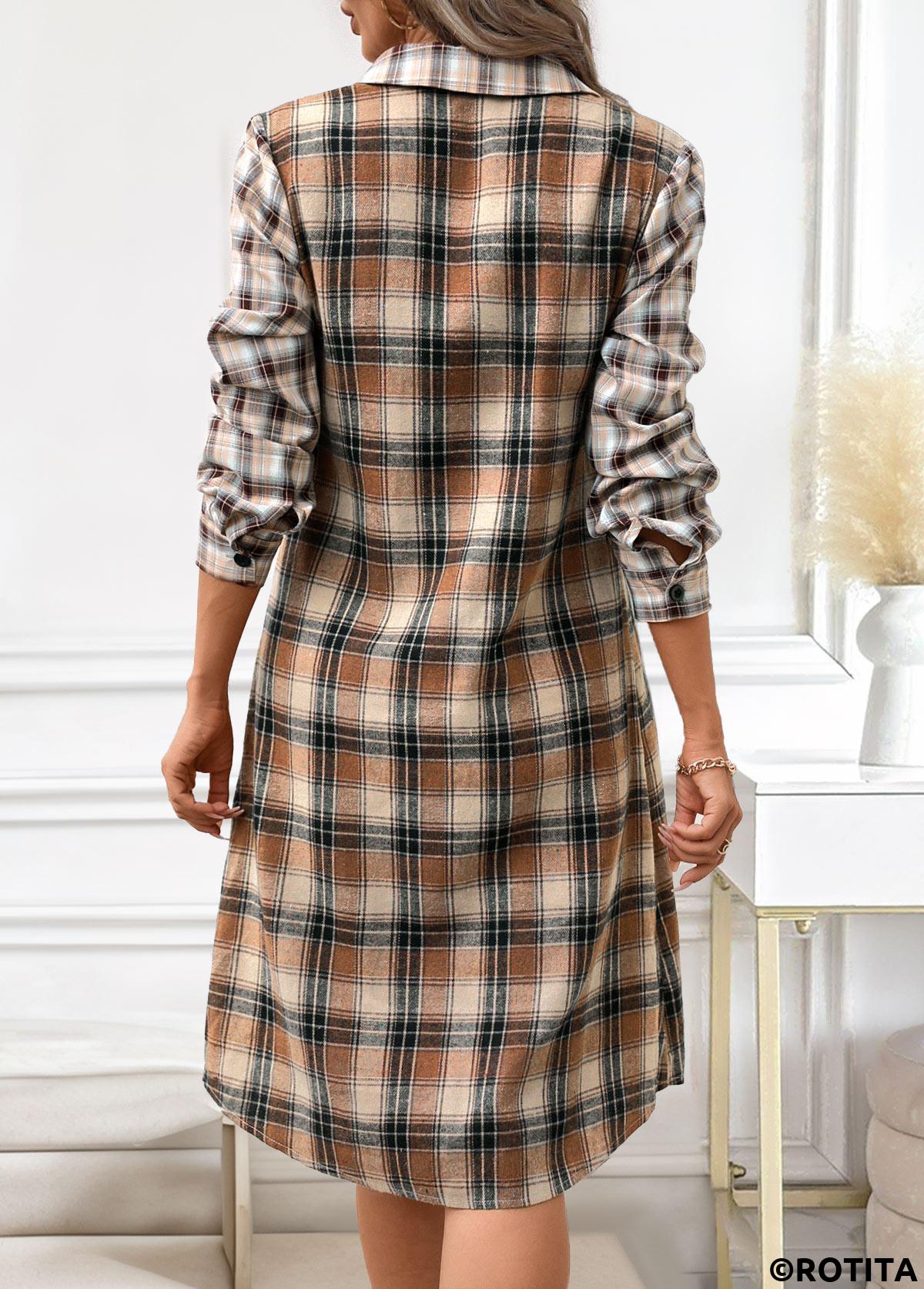 Dark Coffee dresses,Plaid dresses,Striped dresses,Geometric dresses,Everyday dresses,Casual dresses,ROTITA Button Plaid Dark Coffee A Line Shirt Collar Dress