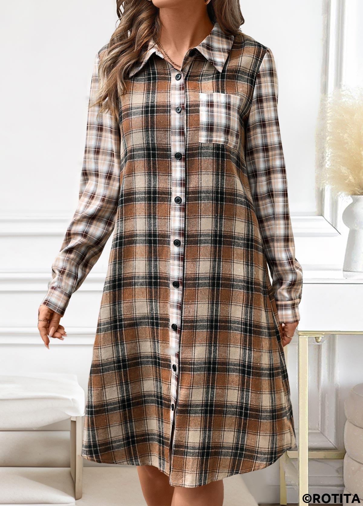 Dark Coffee dresses,Plaid dresses,Striped dresses,Geometric dresses,Everyday dresses,Casual dresses,ROTITA Button Plaid Dark Coffee A Line Shirt Collar Dress