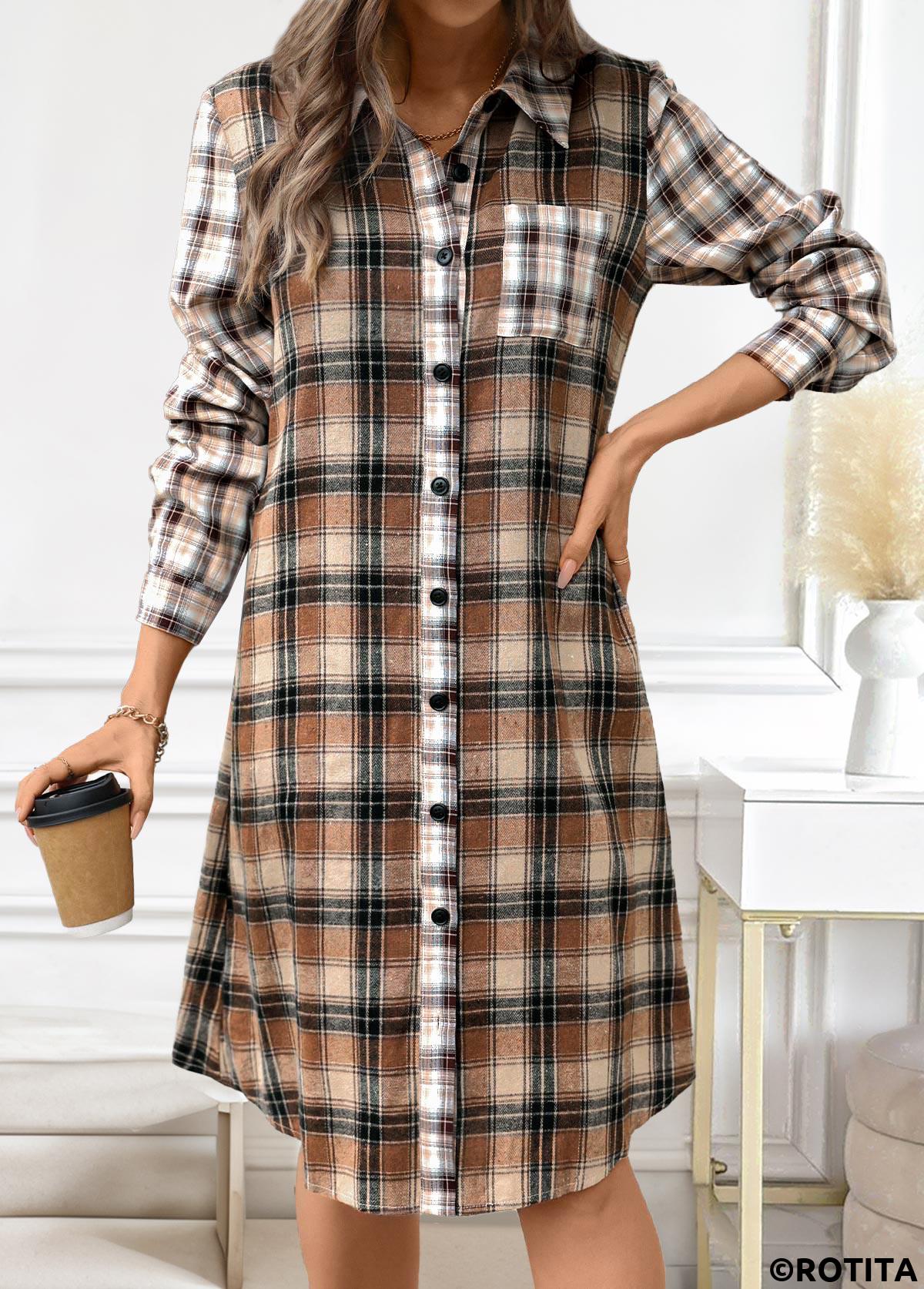 Dark Coffee dresses,Plaid dresses,Striped dresses,Geometric dresses,Everyday dresses,Casual dresses,ROTITA Button Plaid Dark Coffee A Line Shirt Collar Dress