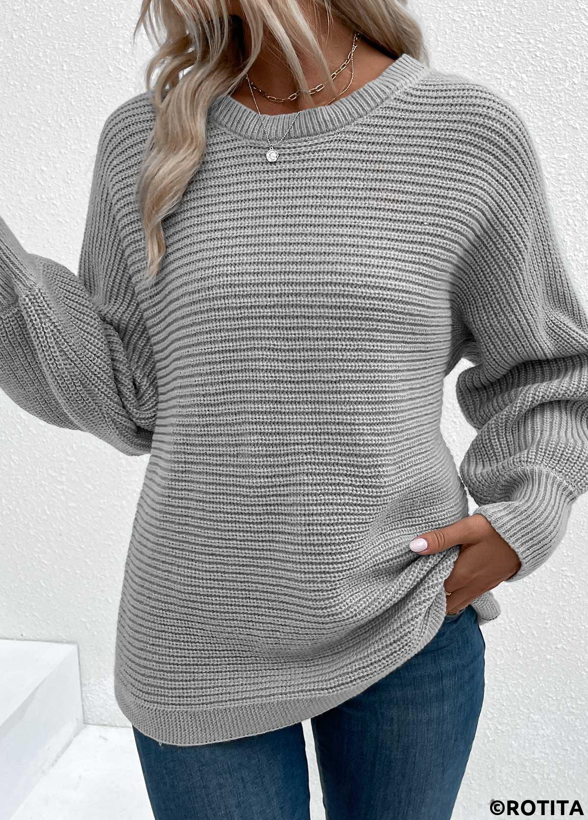 Grey tops,Plain Color tops,Tummy Coverage Grey Round Neck Long Sleeve Sweater