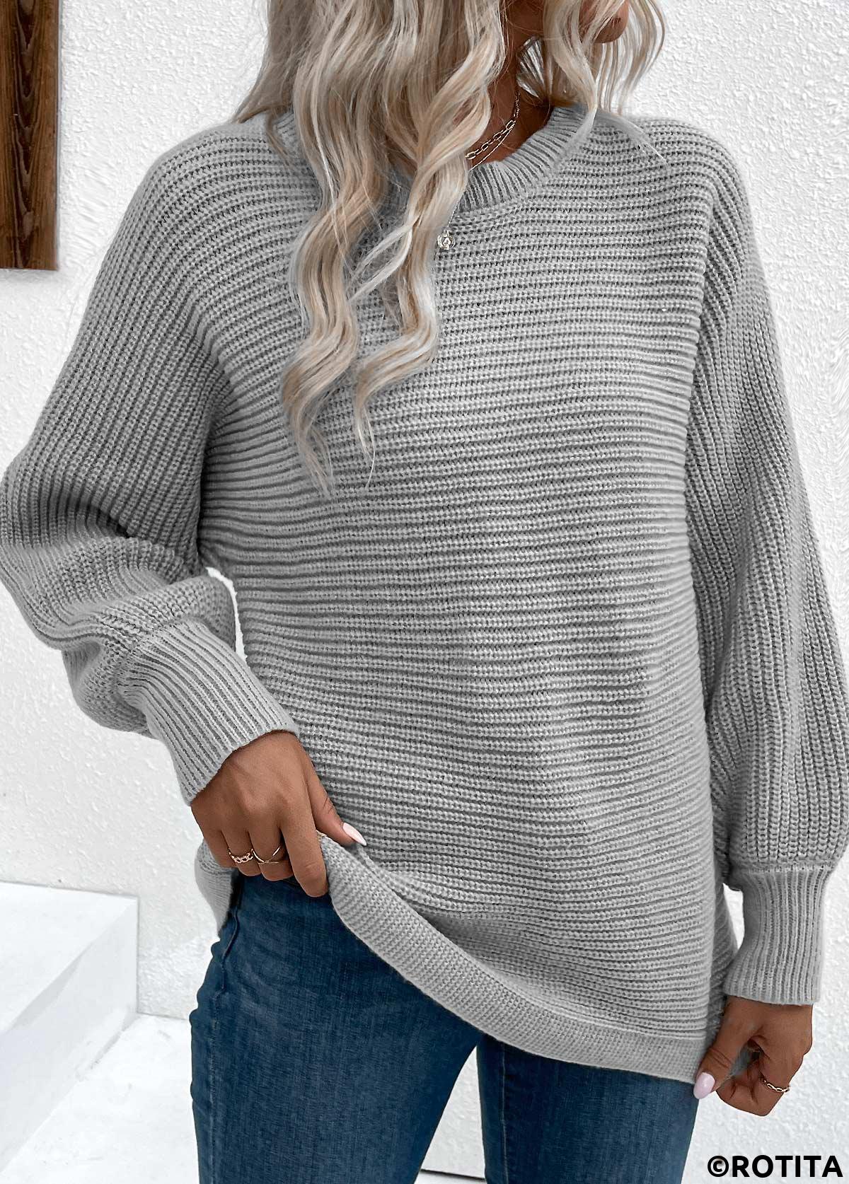 Grey tops,Plain Color tops,Tummy Coverage Grey Round Neck Long Sleeve Sweater