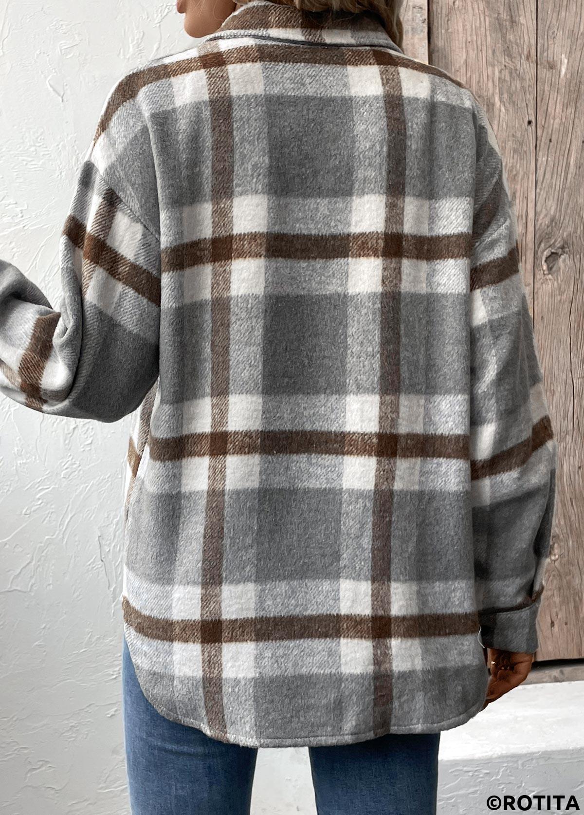 Grey tops,Dark Grey tops,Plaid tops,Geometric tops,Tummy Coverage Plaid Grey Turn Down Collar Coat