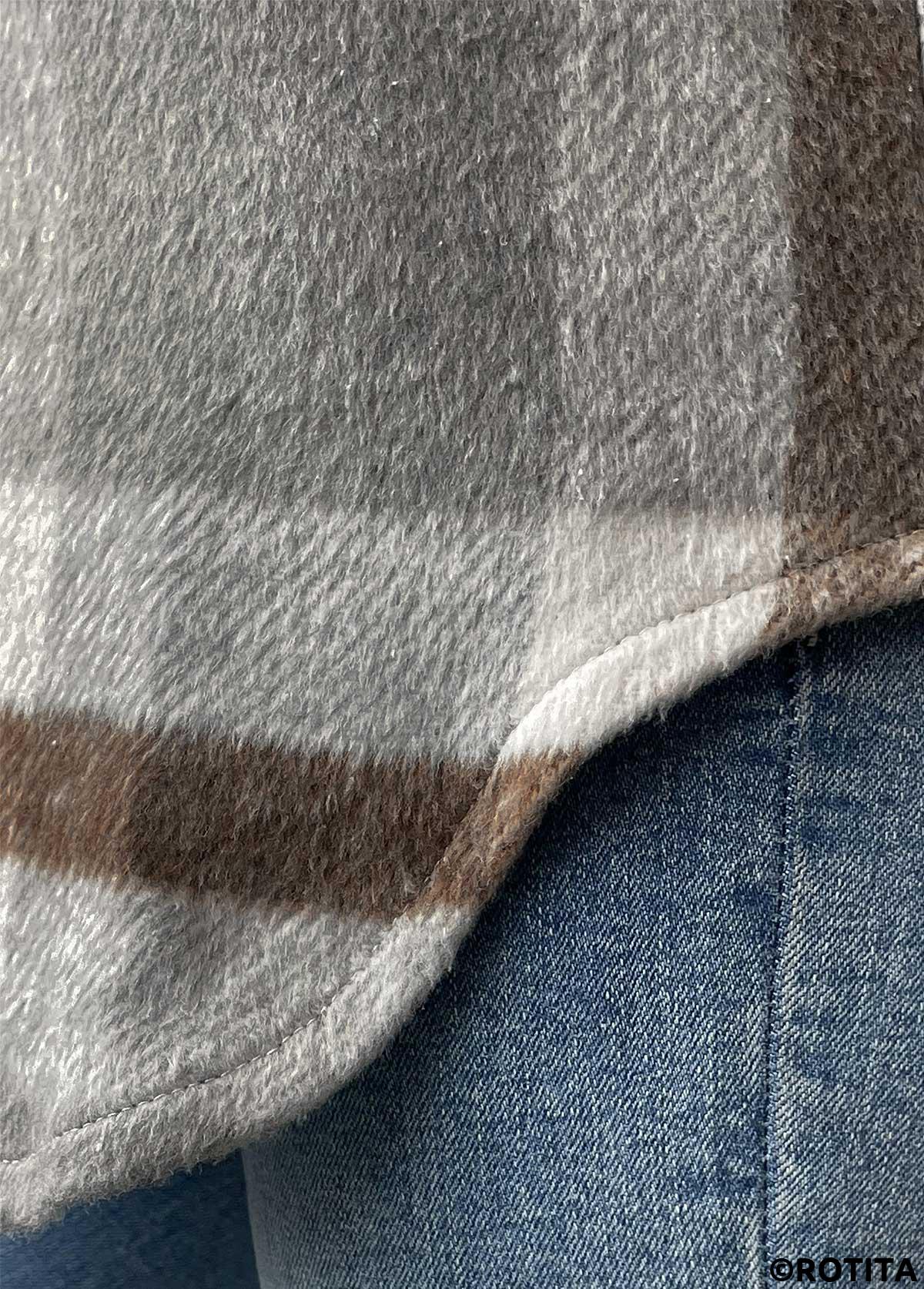 Grey tops,Dark Grey tops,Plaid tops,Geometric tops,Tummy Coverage Plaid Grey Turn Down Collar Coat