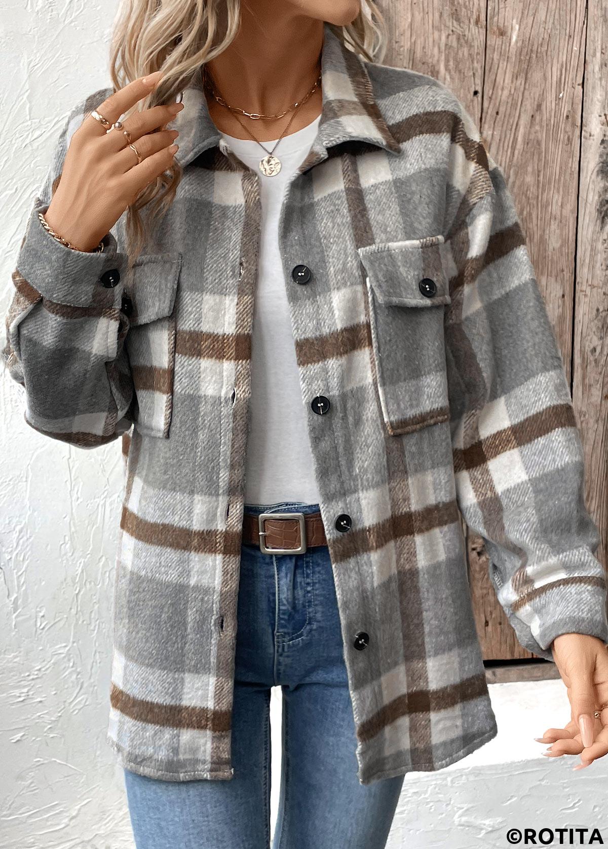 Grey tops,Dark Grey tops,Plaid tops,Geometric tops,Tummy Coverage Plaid Grey Turn Down Collar Coat