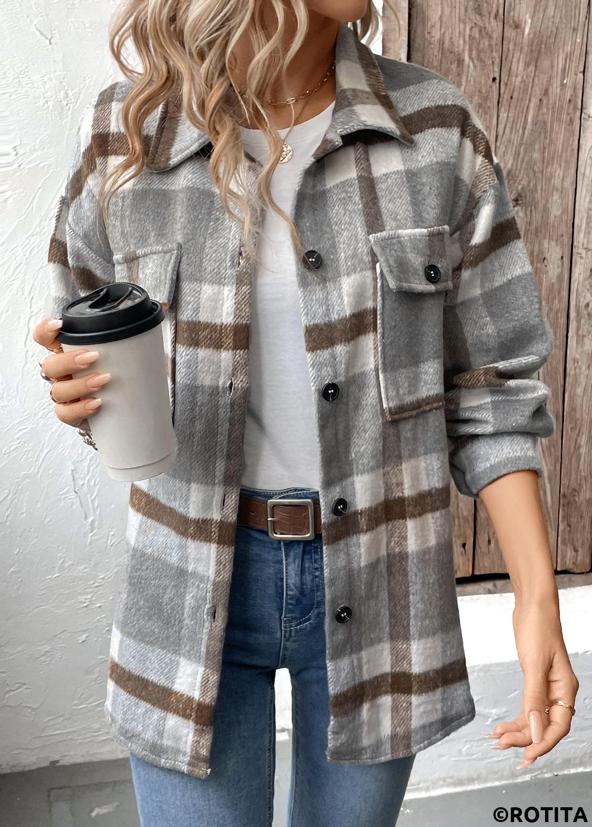 Grey tops,Dark Grey tops,Plaid tops,Geometric tops,Tummy Coverage Plaid Grey Turn Down Collar Coat