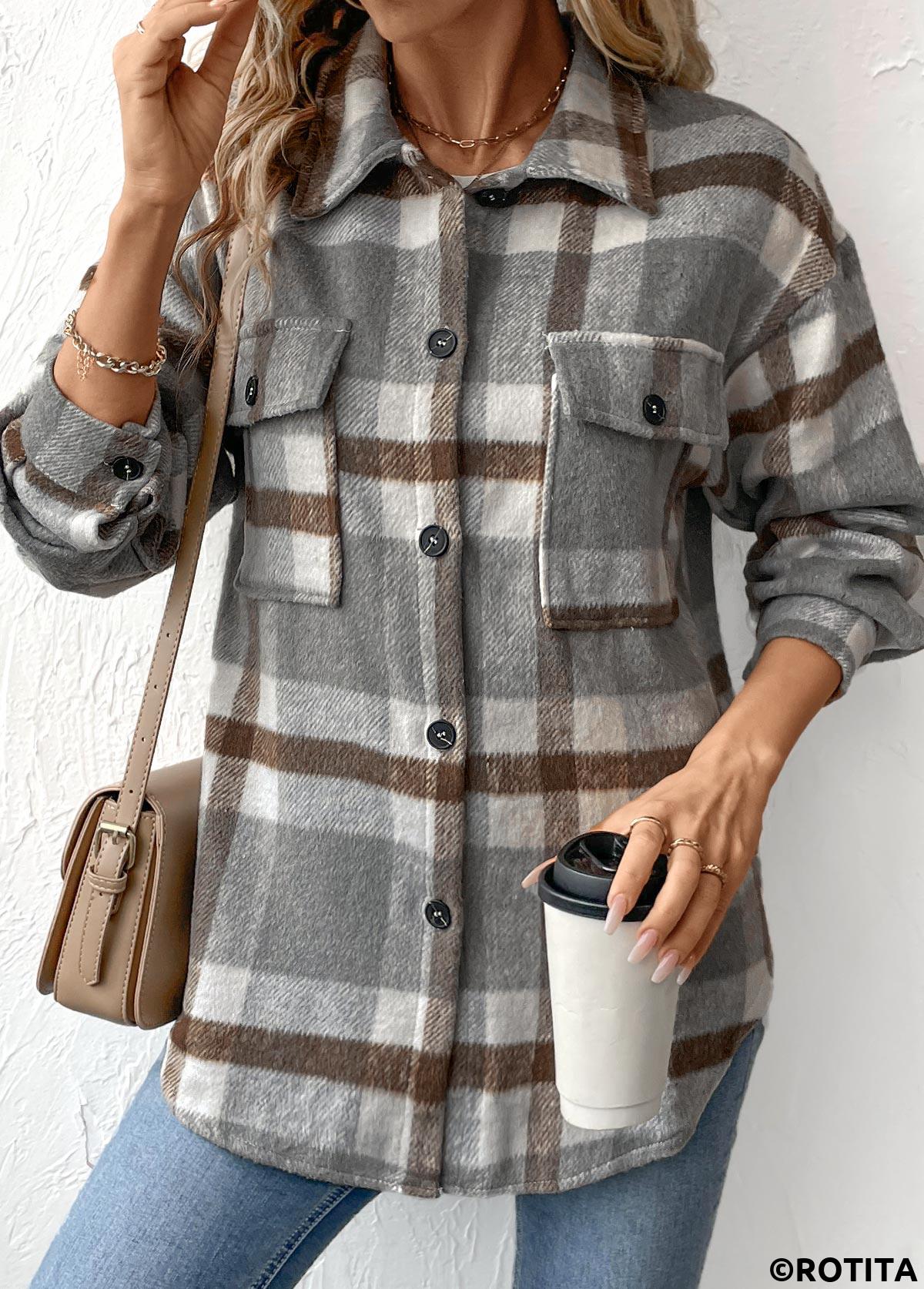 Grey tops,Dark Grey tops,Plaid tops,Geometric tops,Tummy Coverage Plaid Grey Turn Down Collar Coat
