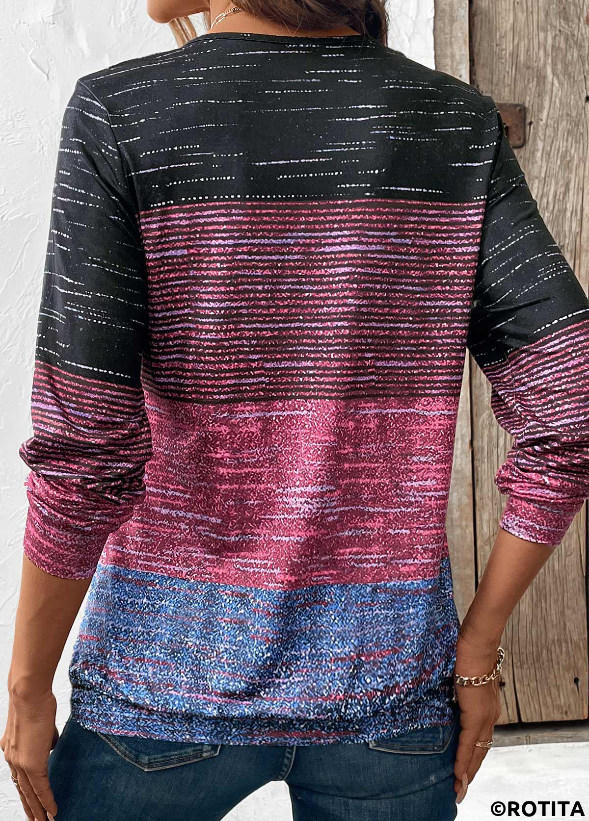 Multi Color tops,Striped tops,Geometric tops,ROTITA Zipper Multi Stripe Print Round Neck Long Sleeve Sweatshirt