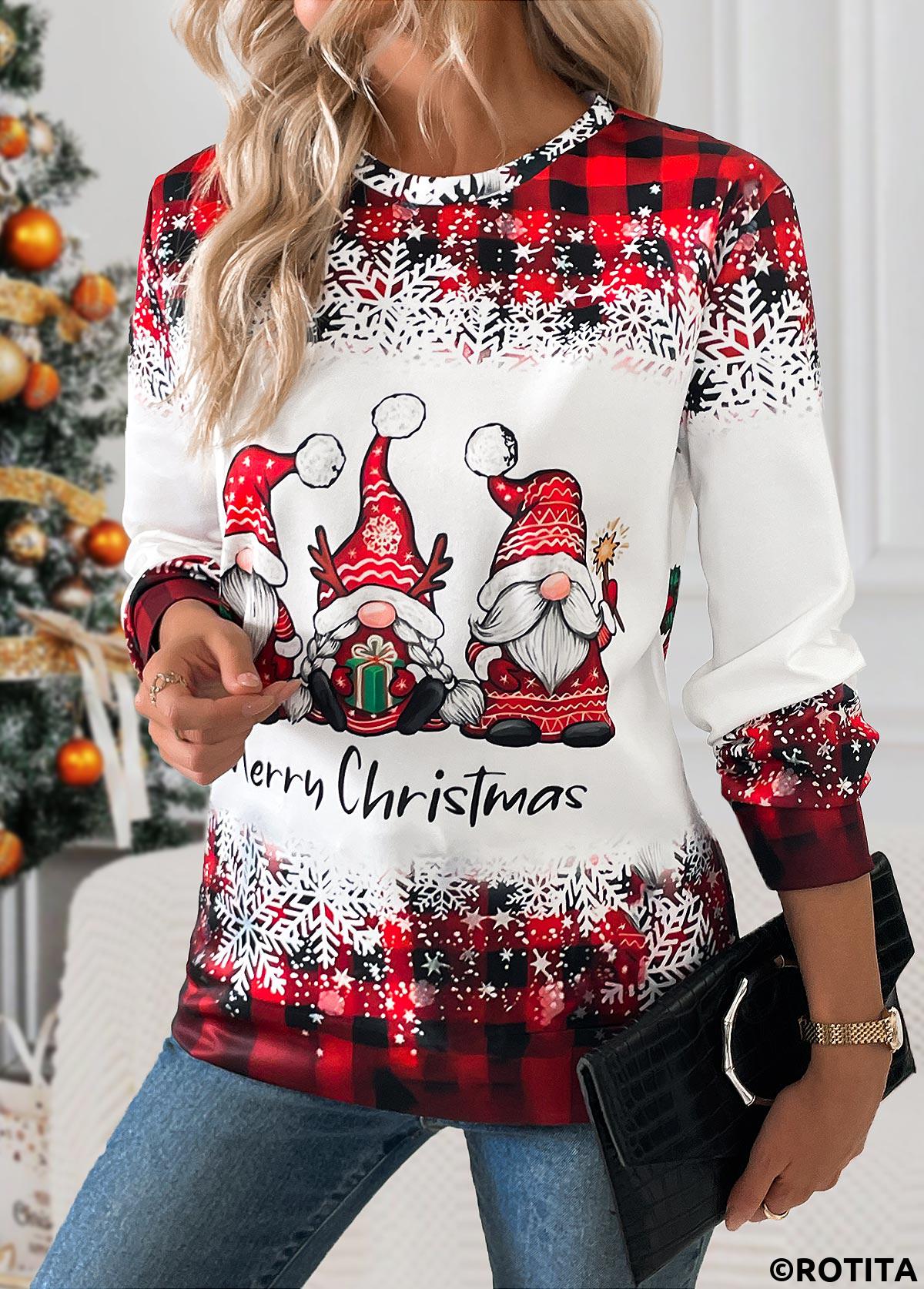 Red tops,Christmas tops,ROTITA Christmas Tummy Coverage Santa Claus Print Red T Shirt