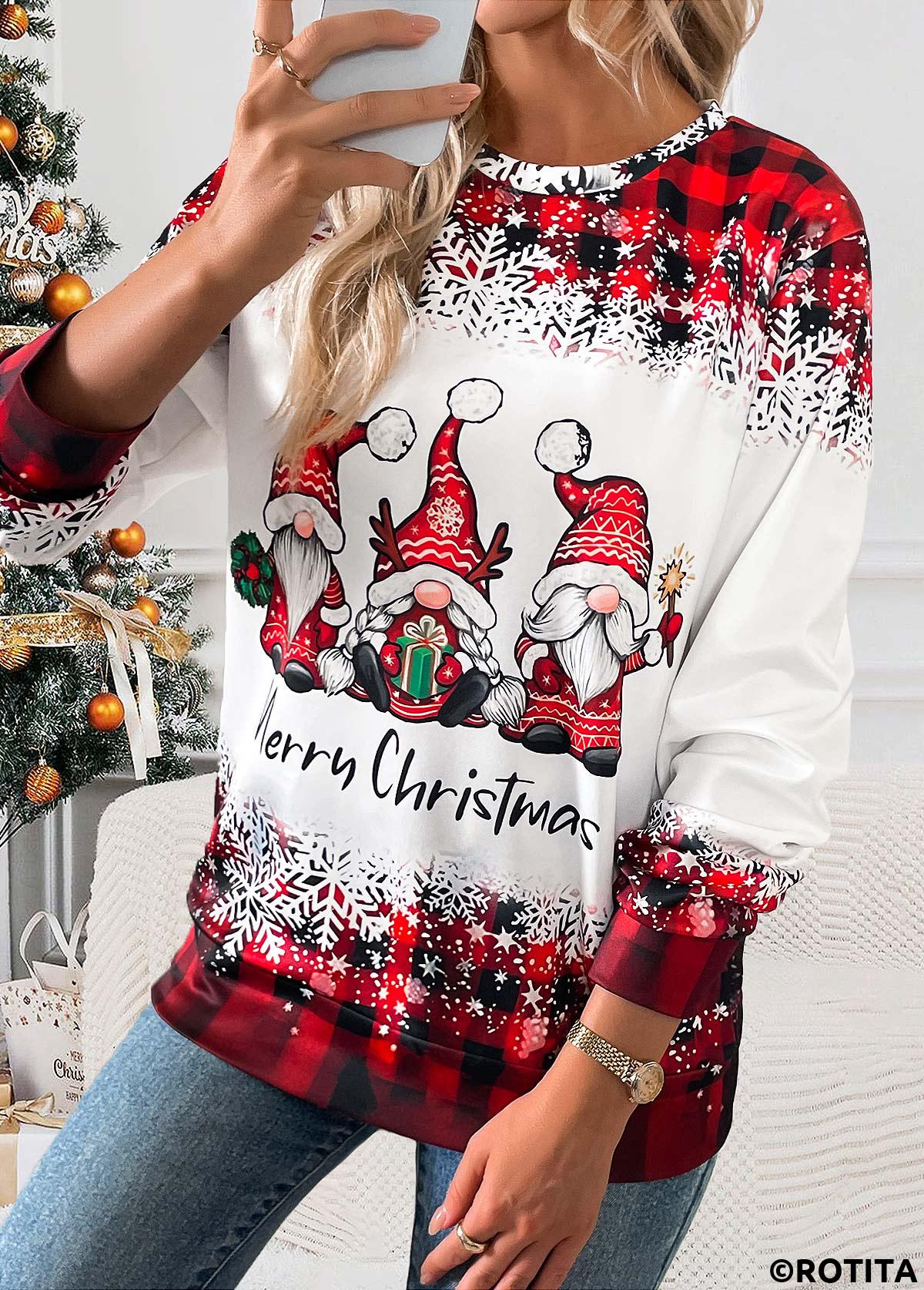Red tops,Christmas tops,ROTITA Christmas Tummy Coverage Santa Claus Print Red T Shirt