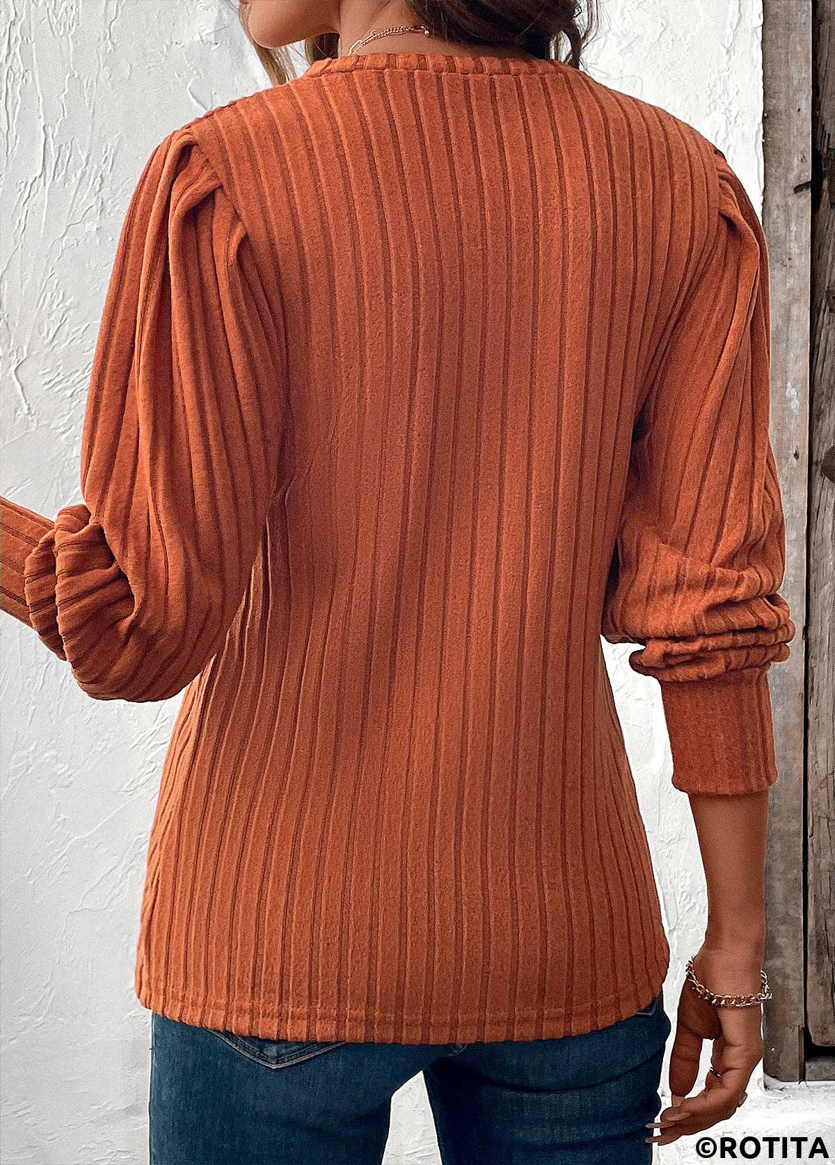Terracotta tops,Plain Color tops,ROTITA Tummy Coverage Terracotta V Neck Long Sleeve T Shirt