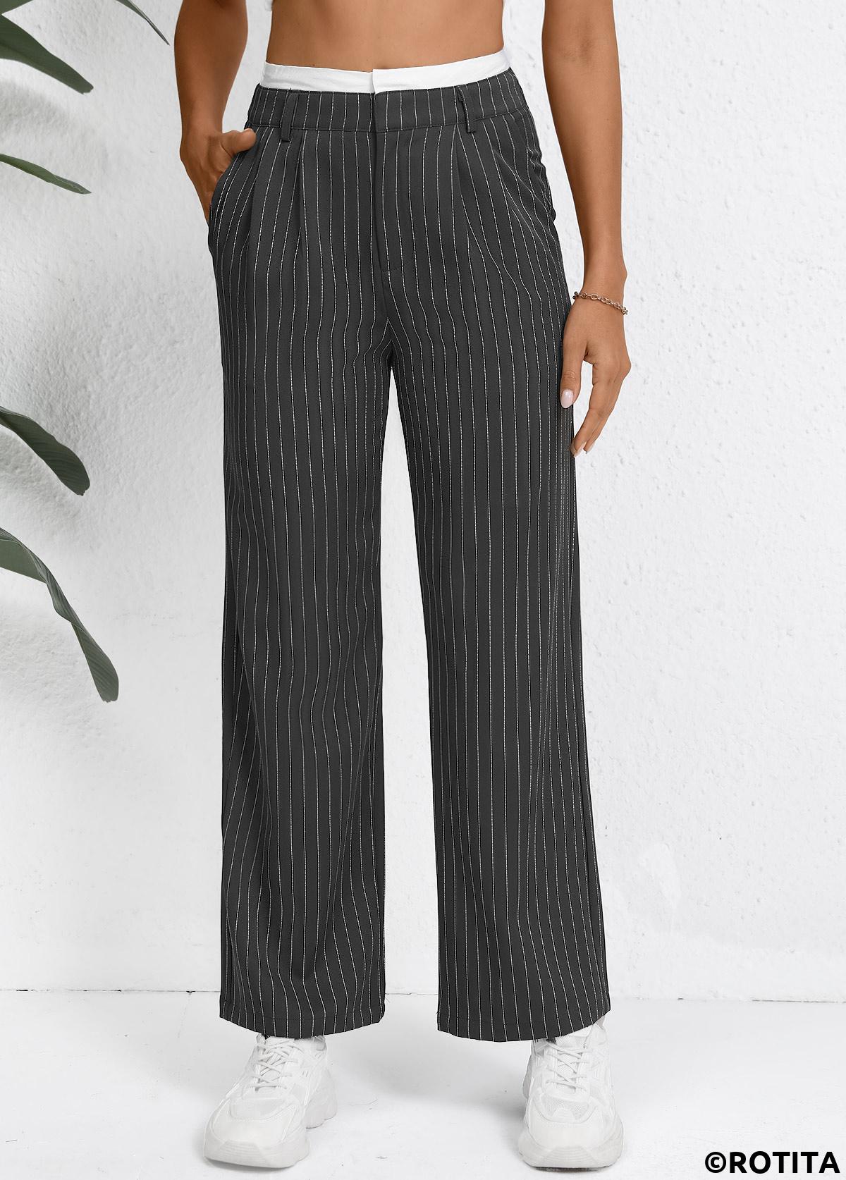 Grey bottoms,Striped bottoms,Geometric bottoms,Pocket Striped Grey Straight Leg Zipper Fly Pants