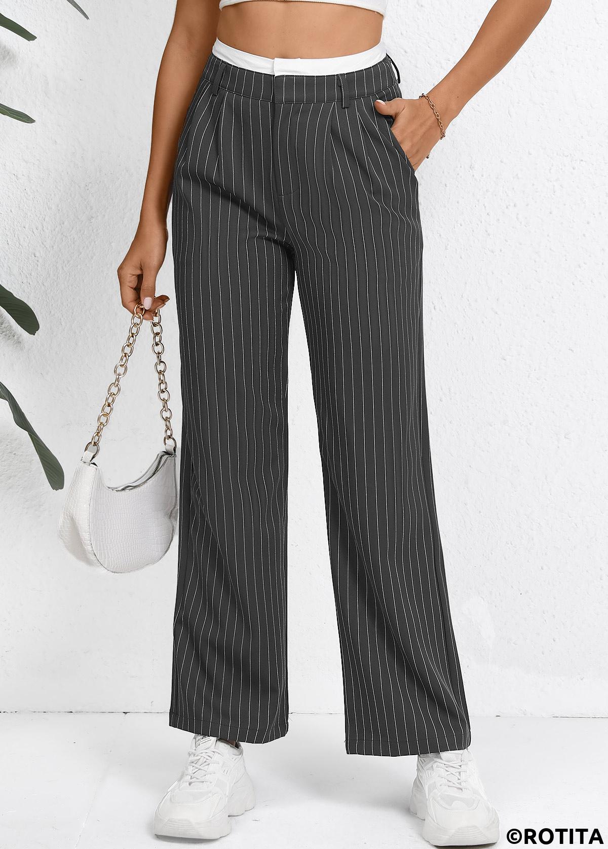 Grey bottoms,Striped bottoms,Geometric bottoms,Pocket Striped Grey Straight Leg Zipper Fly Pants