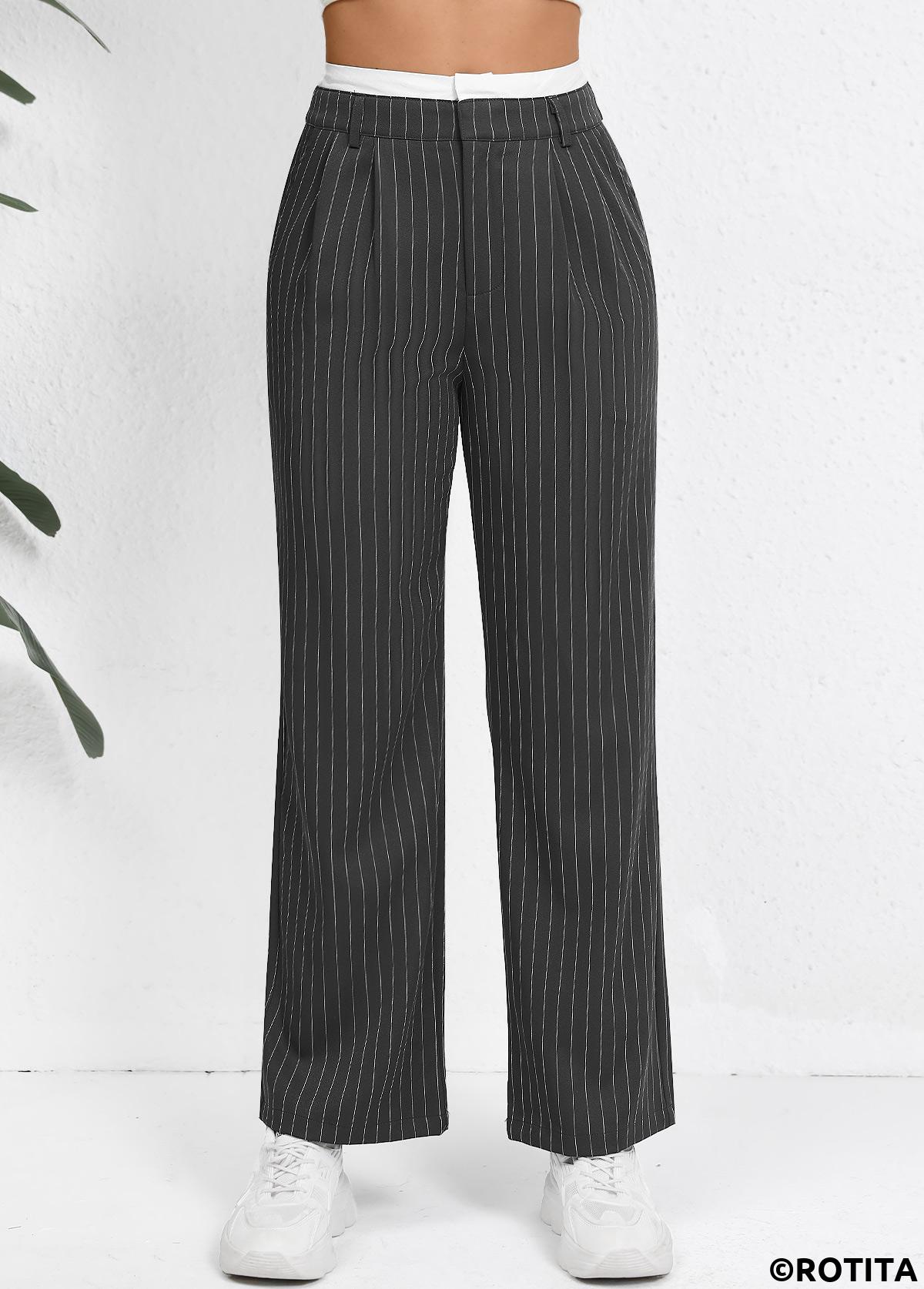 Grey bottoms,Striped bottoms,Geometric bottoms,Pocket Striped Grey Straight Leg Zipper Fly Pants