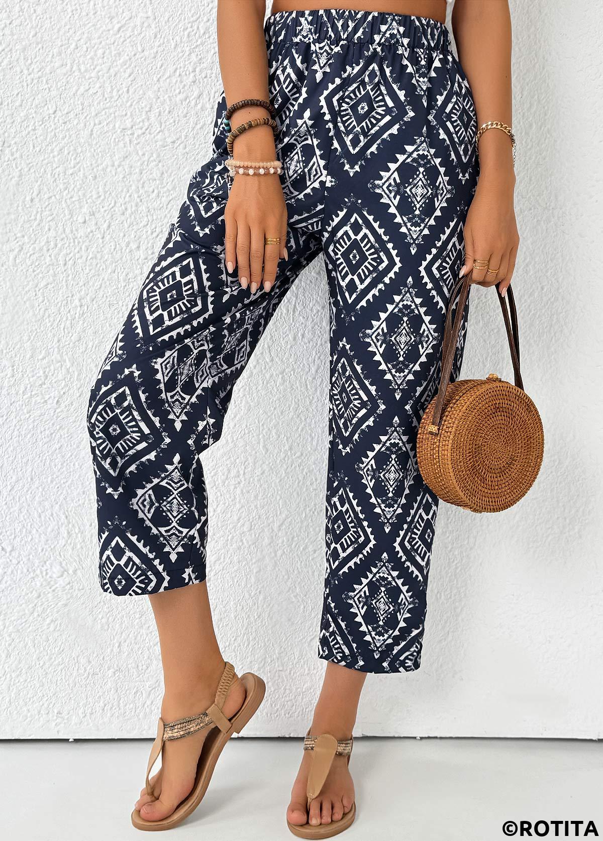 Navy bottoms,Tribal bottoms,Tribal Print Navy Straight Leg Elastic Waist Pants