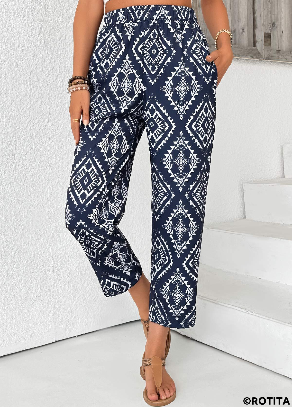 Navy bottoms,Tribal bottoms,Tribal Print Navy Straight Leg Elastic Waist Pants
