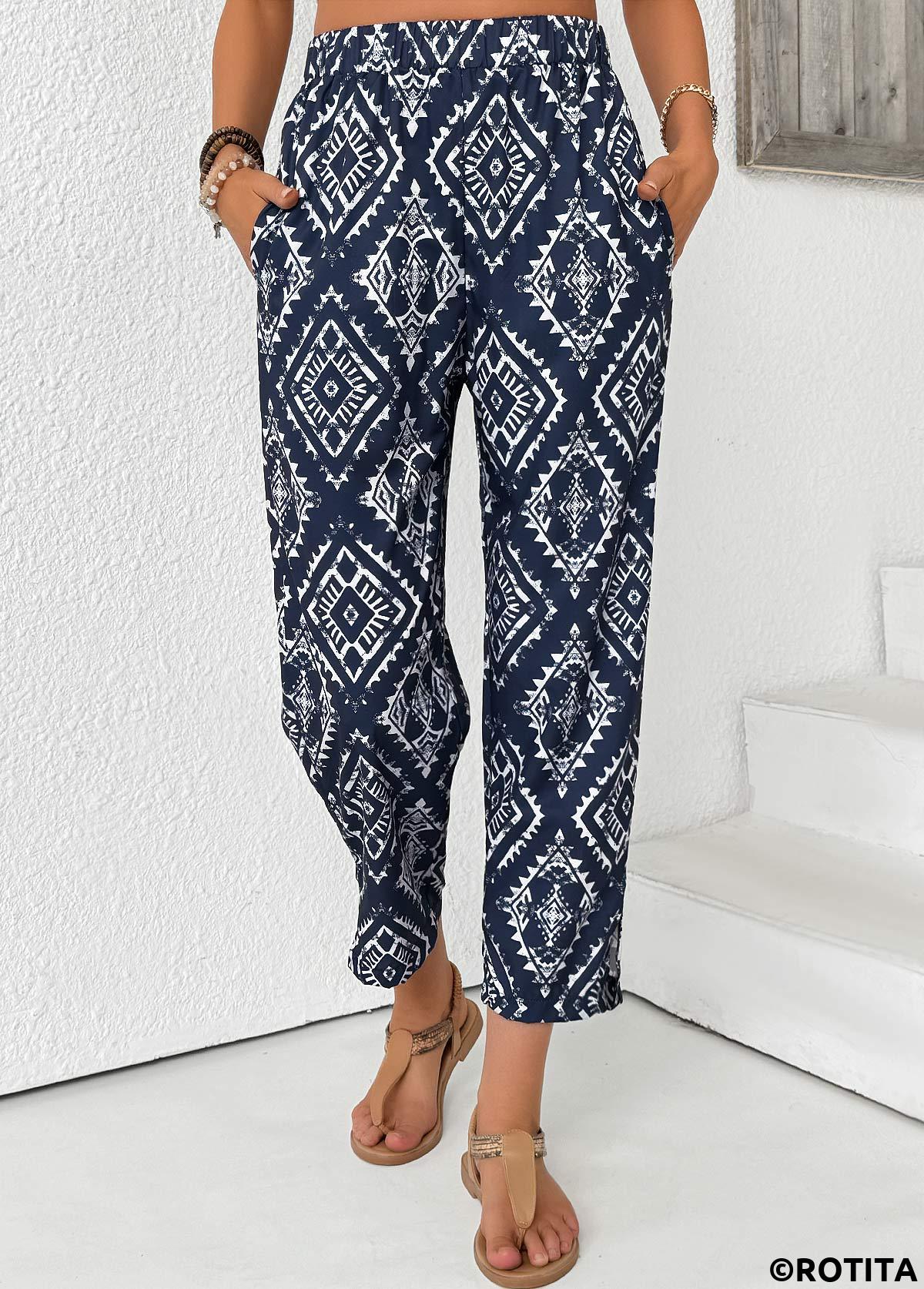Navy bottoms,Tribal bottoms,Tribal Print Navy Straight Leg Elastic Waist Pants