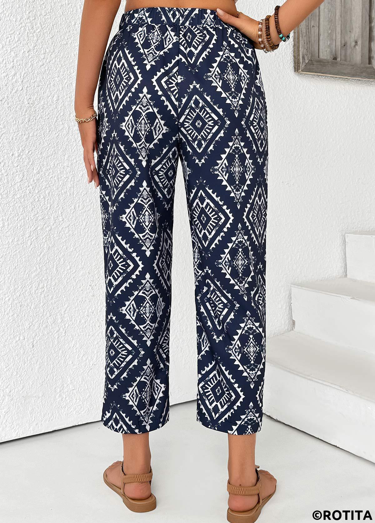 Navy bottoms,Tribal bottoms,Tribal Print Navy Straight Leg Elastic Waist Pants