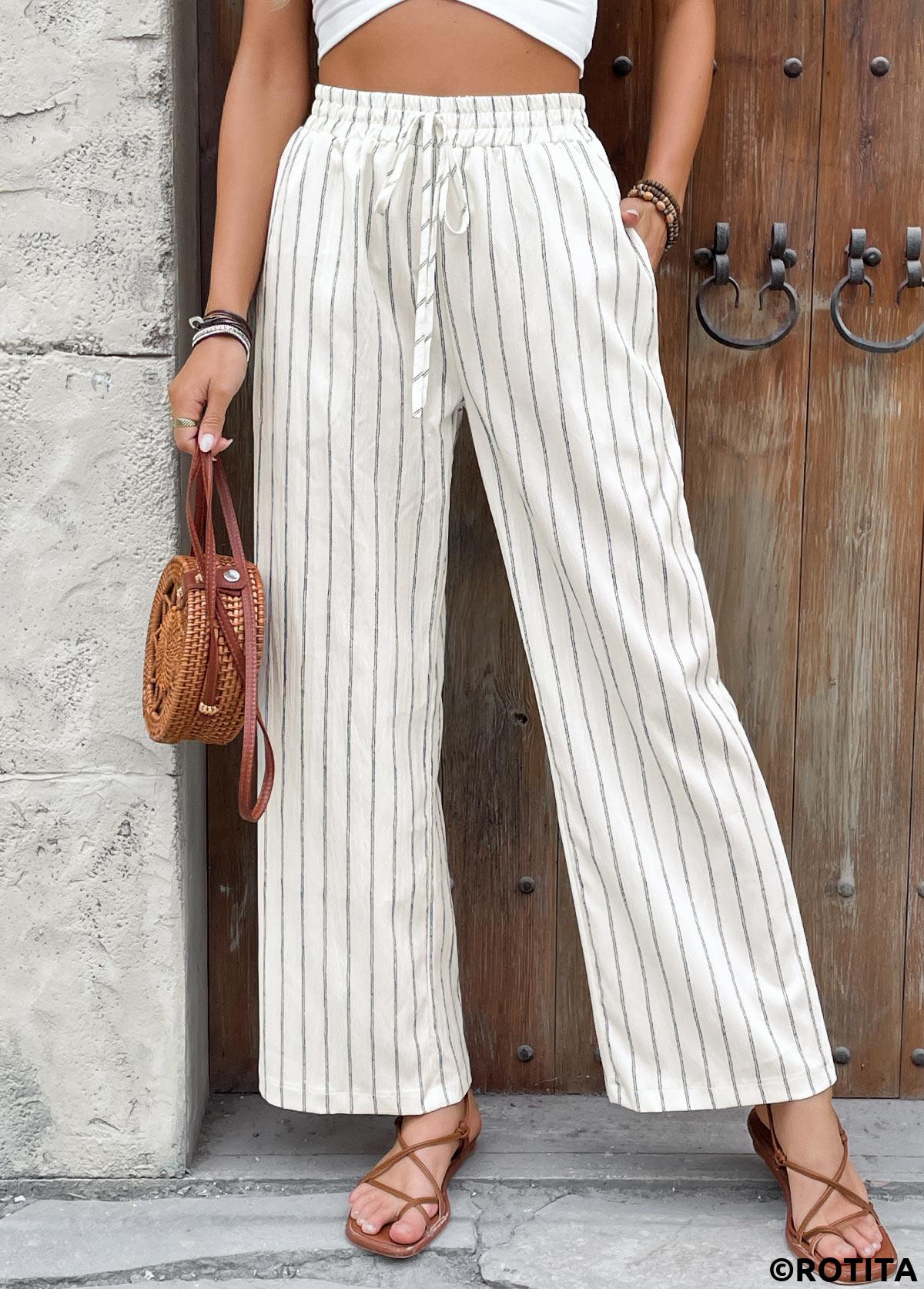 Beige bottoms,Striped bottoms,Geometric bottoms,Striped Beige Wide Leg Elastic Waist High Waisted Pants