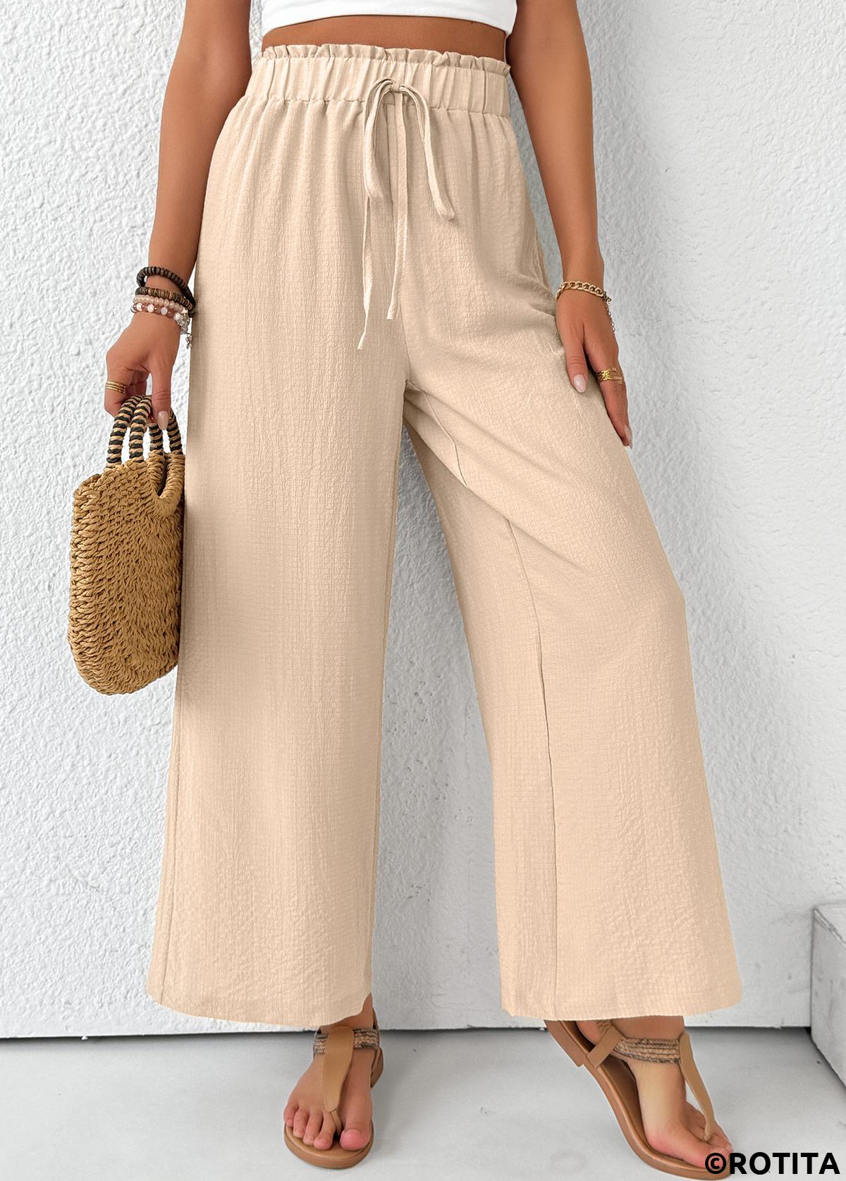 Light Coffee bottoms,Plain Color bottoms,Light Coffee Wide Leg Elastic Waist High Waisted Pants