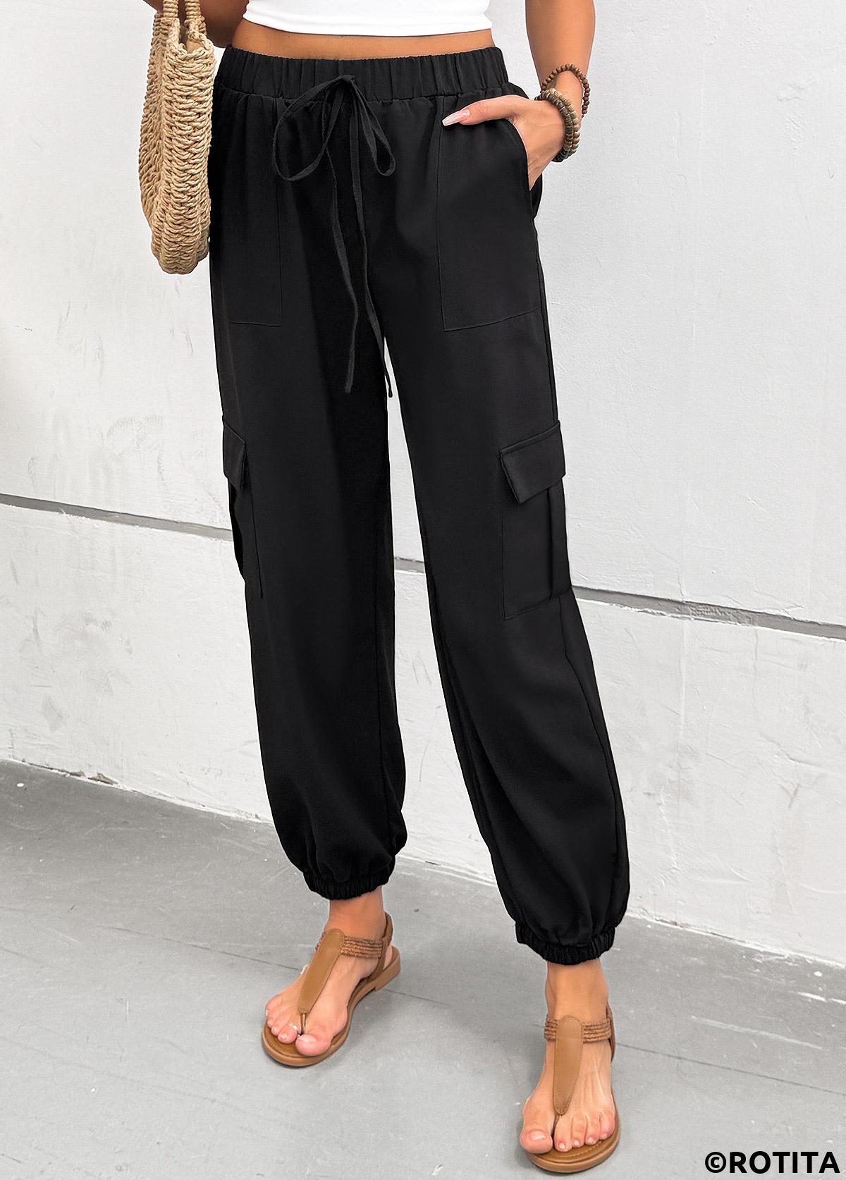 Black bottoms,Plain Color bottoms,Pocket Black Jogger Elastic Waist High Waisted Pants