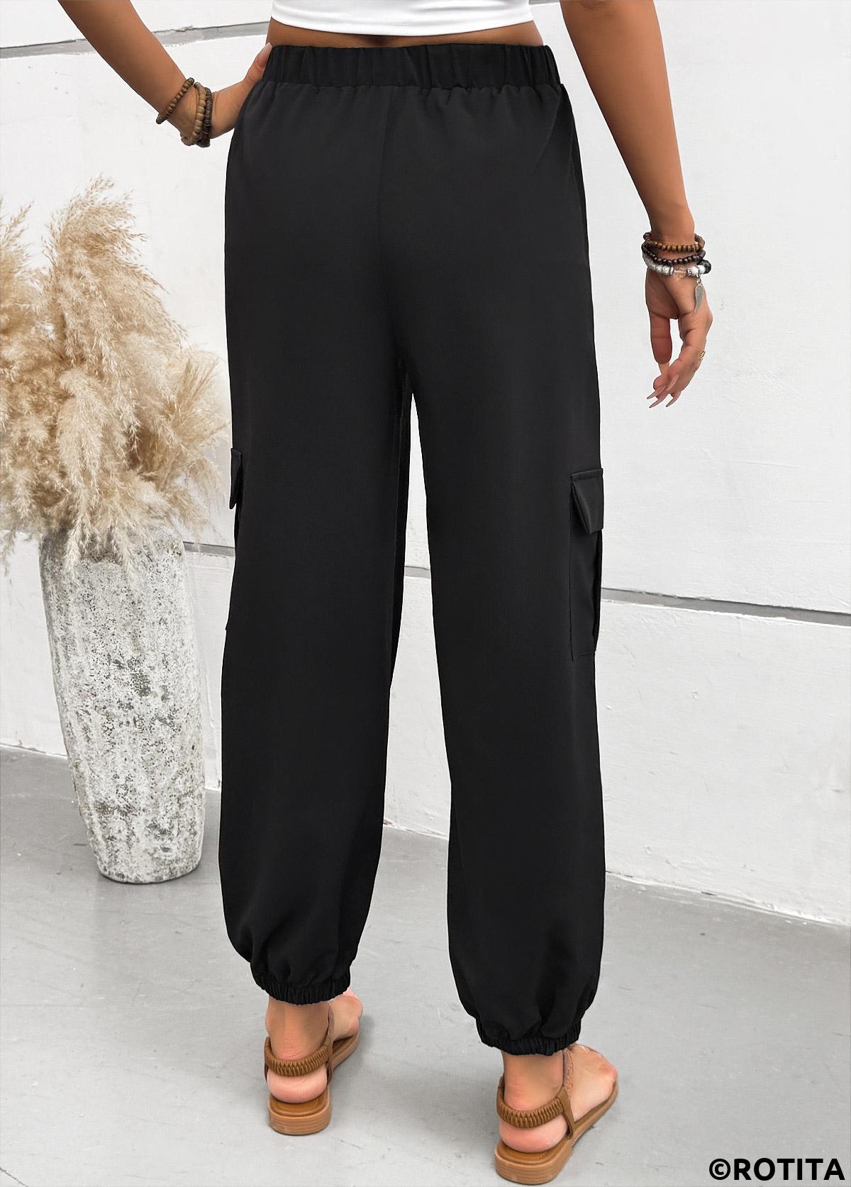 Black bottoms,Plain Color bottoms,Pocket Black Jogger Elastic Waist High Waisted Pants