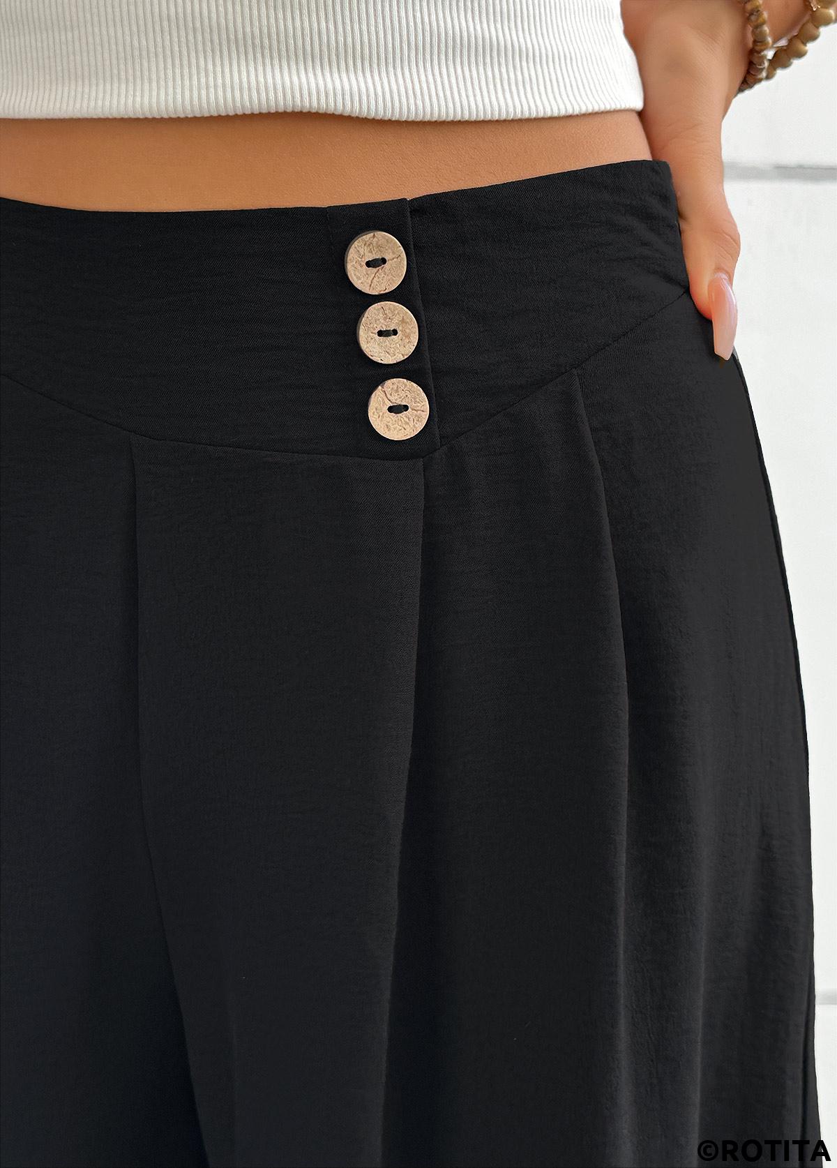 Black bottoms,Plain Color bottoms,Black Wide Leg Zipper Fly Mid Waisted Pants
