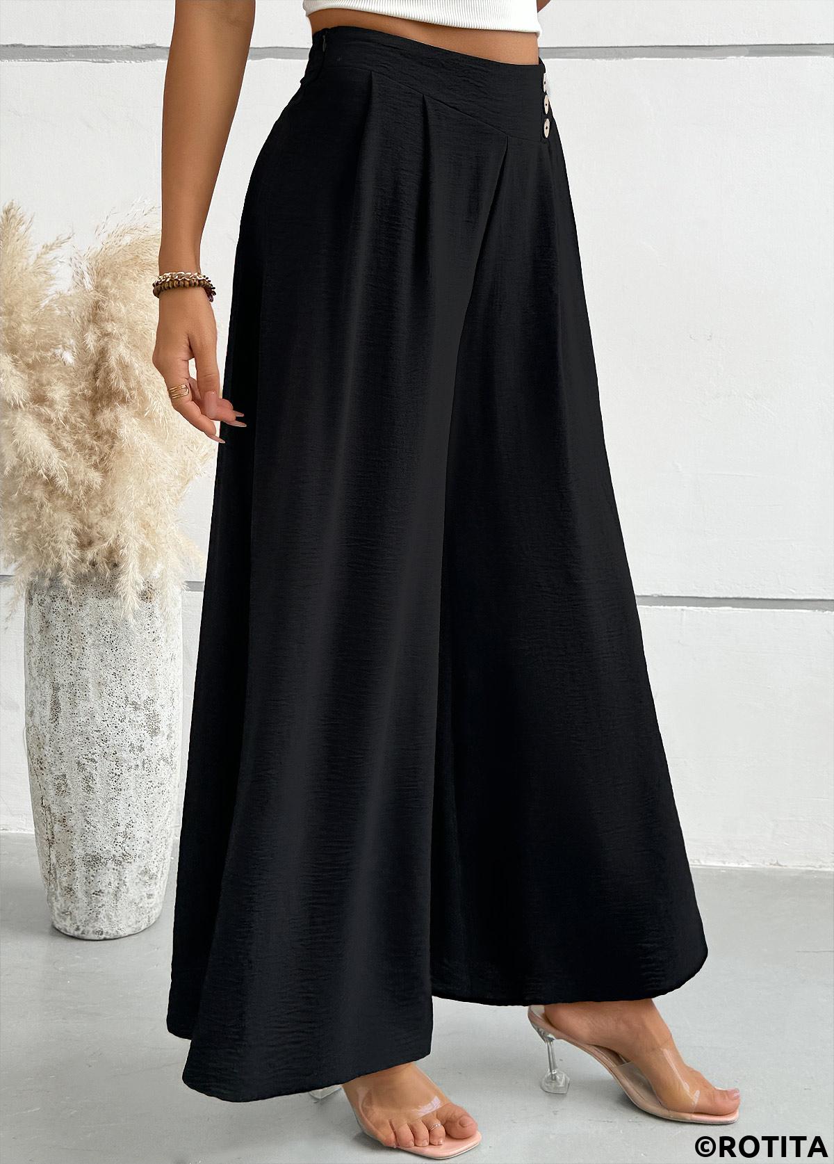 Black bottoms,Plain Color bottoms,Black Wide Leg Zipper Fly Mid Waisted Pants