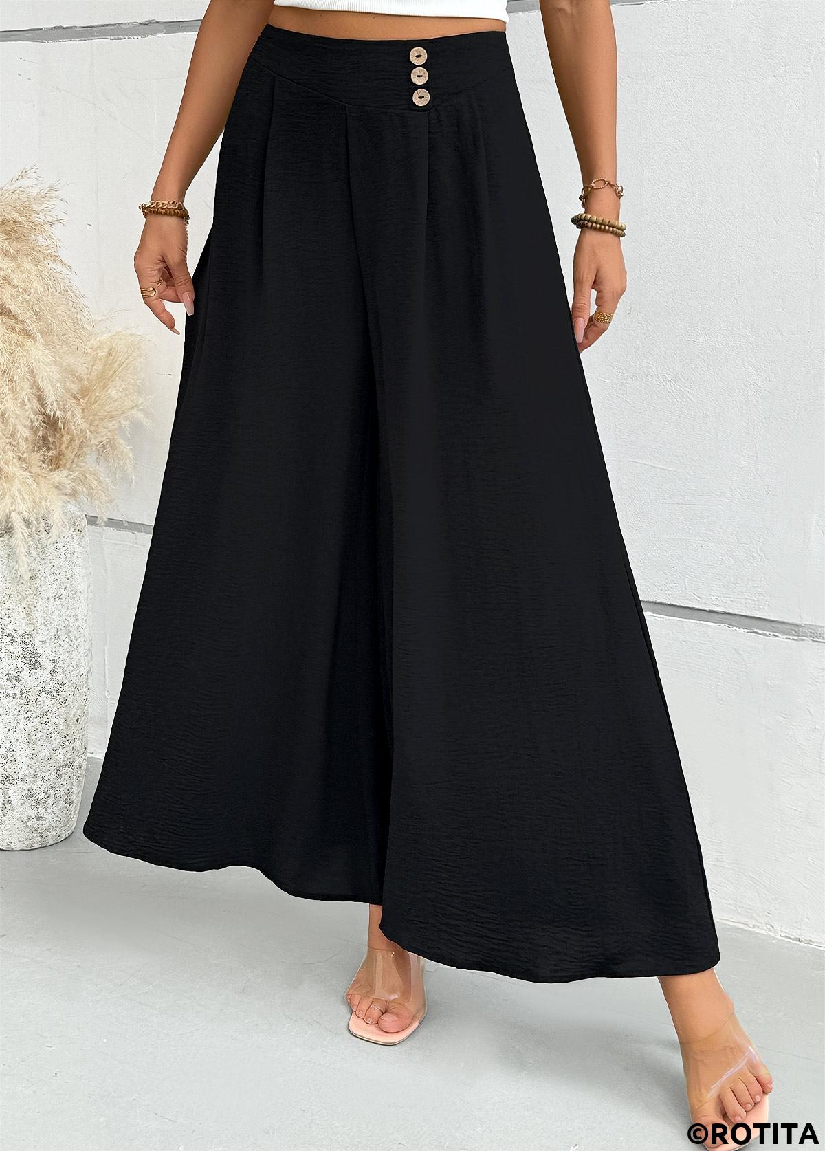 Black bottoms,Plain Color bottoms,Black Wide Leg Zipper Fly Mid Waisted Pants