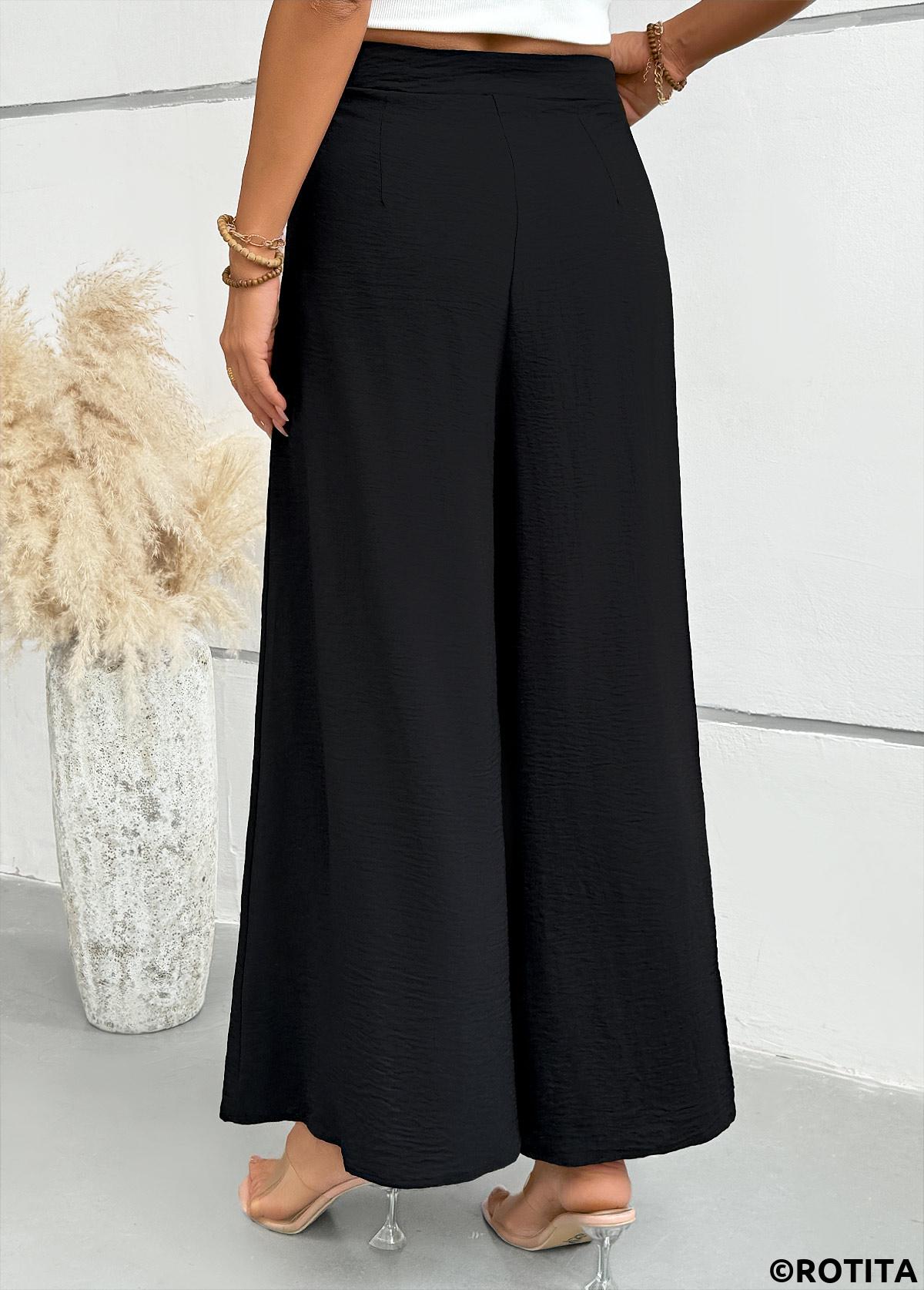 Black bottoms,Plain Color bottoms,Black Wide Leg Zipper Fly Mid Waisted Pants