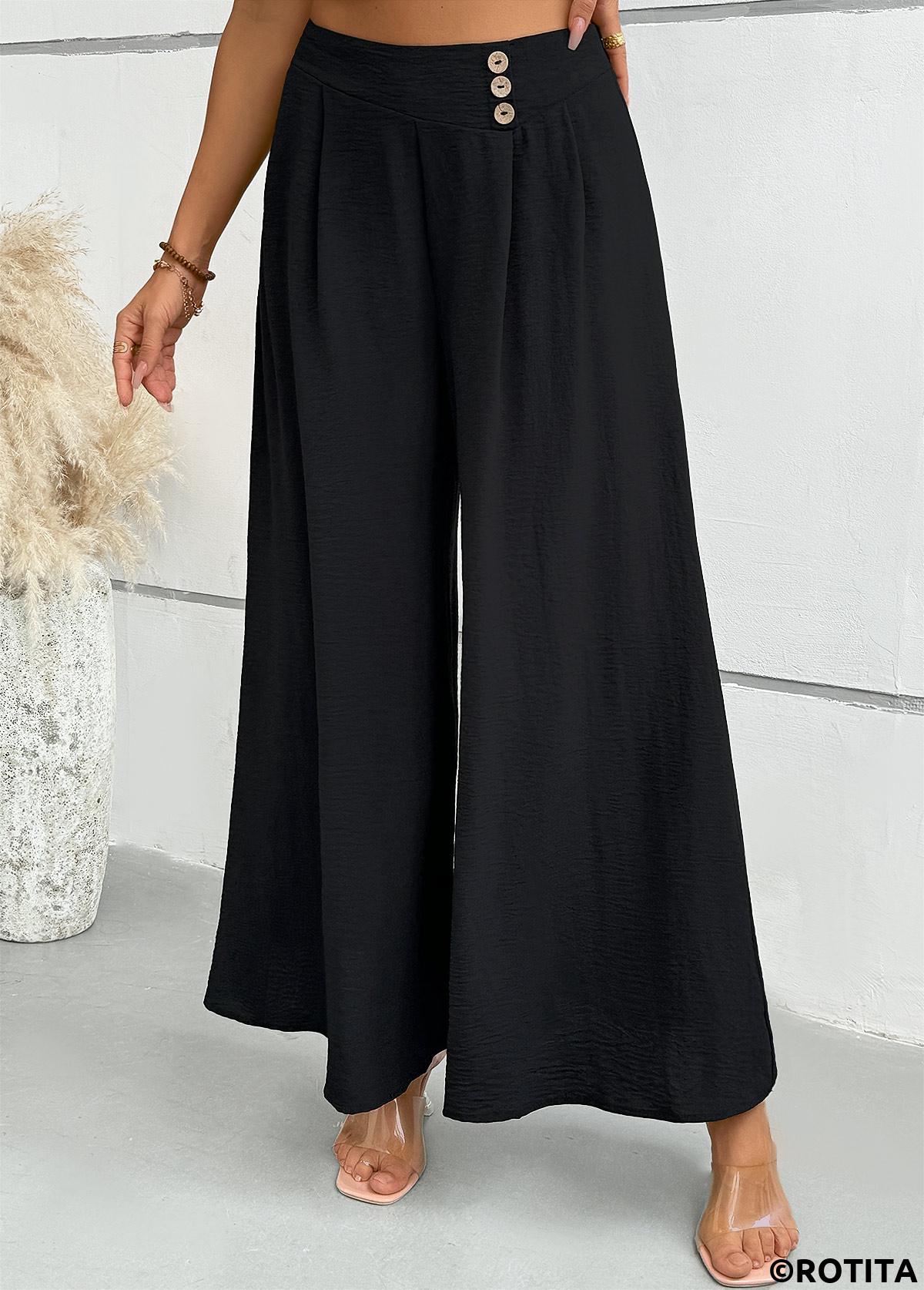Black bottoms,Plain Color bottoms,Black Wide Leg Zipper Fly Mid Waisted Pants